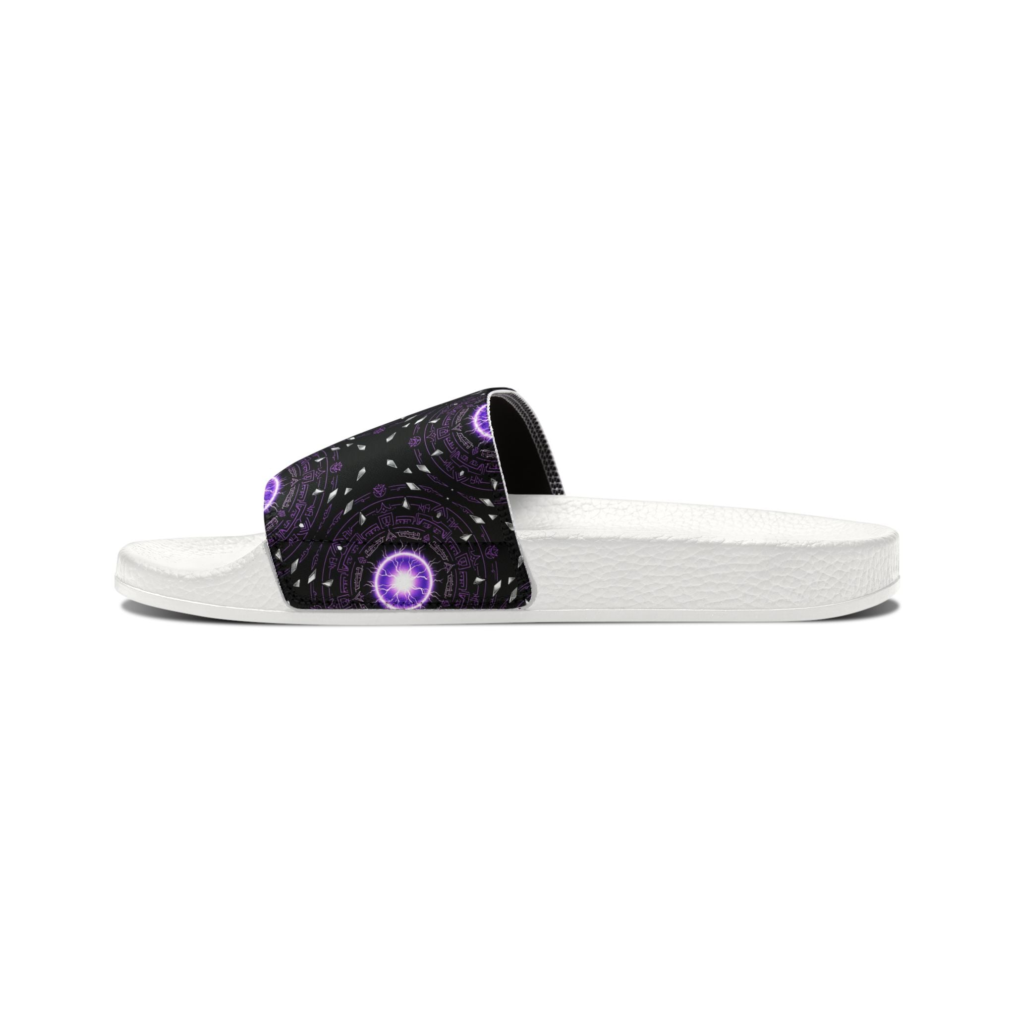 Power Runs Black Men's Removable-Strap Slide Sandals — Purple Cosmic Mandala Pattern by Power Runs Black