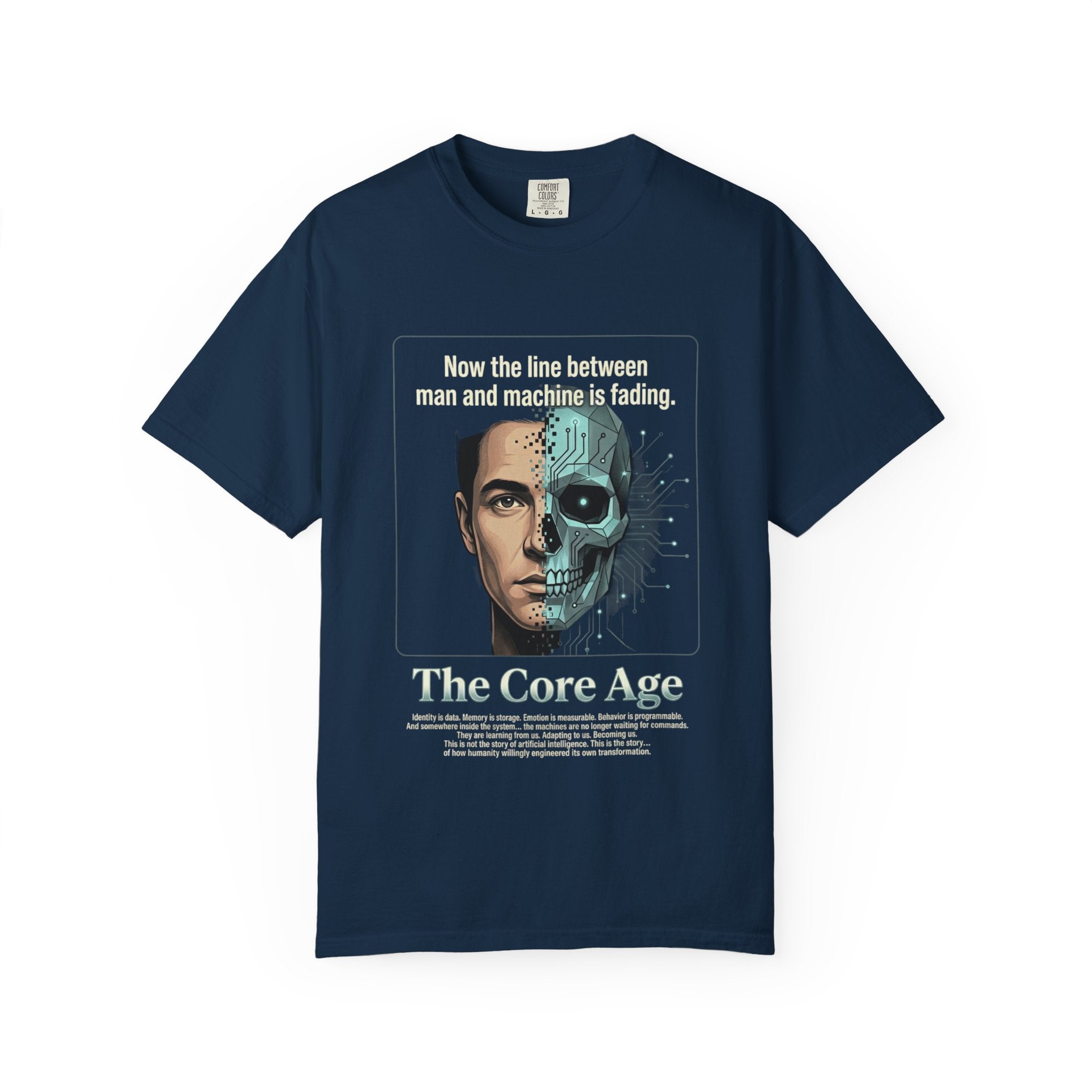 Power Runs Black AI Fusion Graphic T-Shirt — "The Core Age" Split Face Design by Power Runs Black