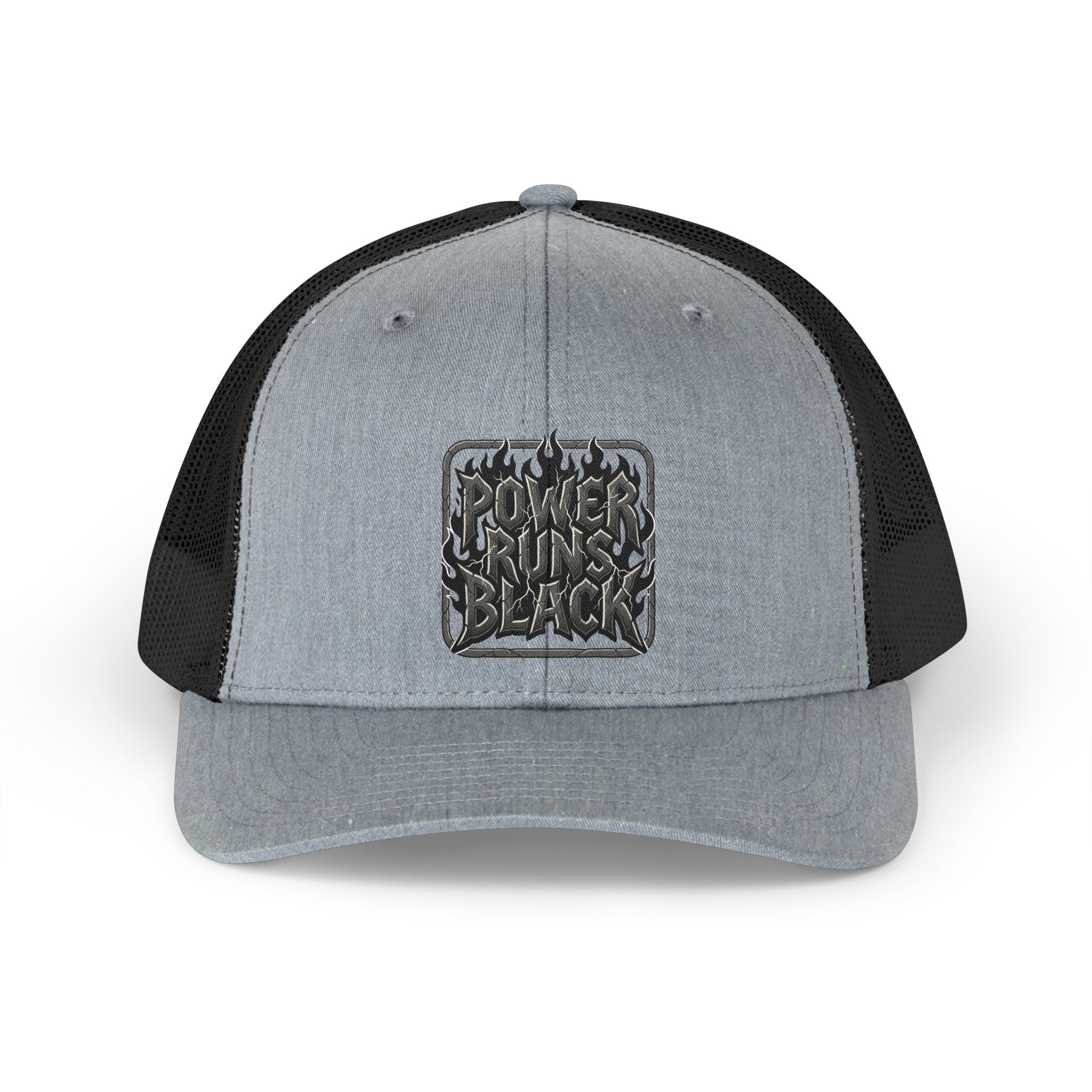 Power Runs Black Retro Flame Patch Trucker Hat | Snapback Mesh Cap by Printify