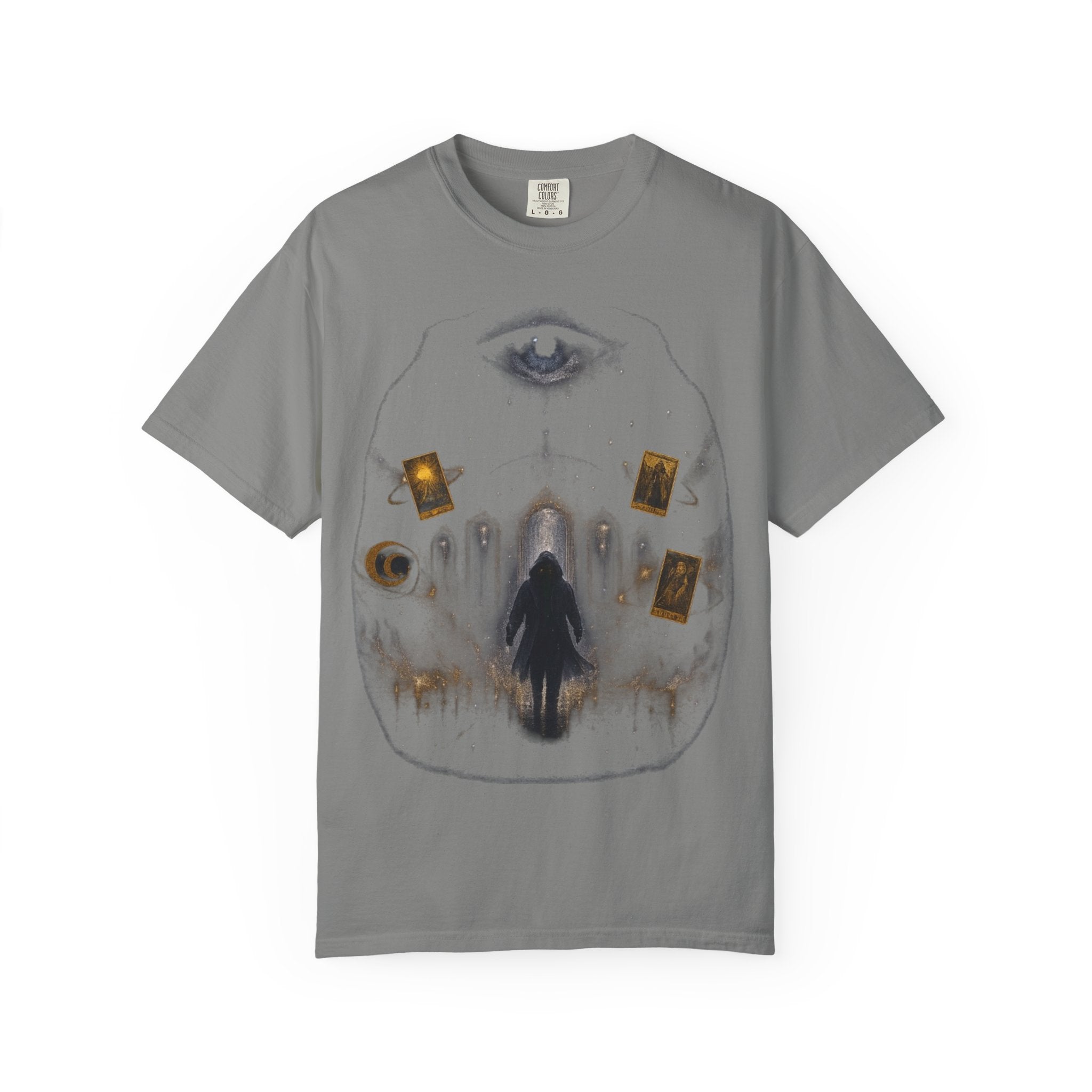 PRB Occult Tarot Skull T-Shirt — Mystic Eye & Shadow Figure Graphic by Power Runs Black