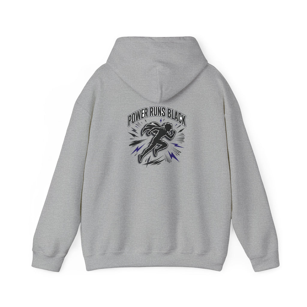 Power Runs Black Hoodie — Bold Graphic Athletic Streetwear by Printify