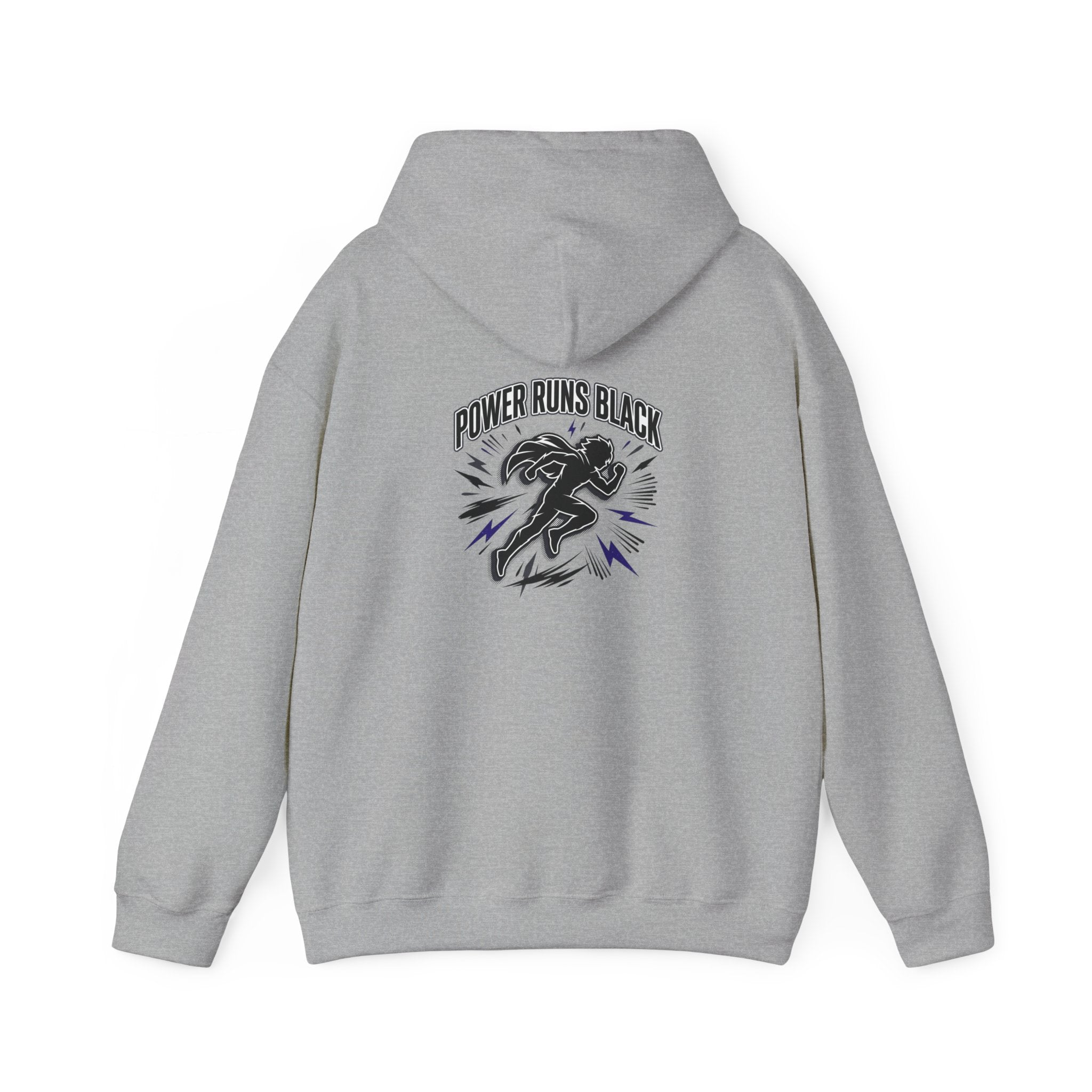 Power Runs Black Hoodie — Bold Graphic Athletic Streetwear by Printify