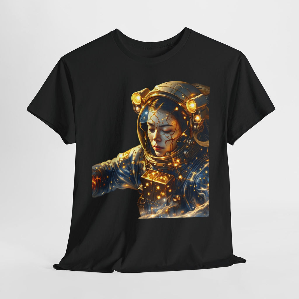 Power Runs Black PRB Golden Astronaut Portrait T-Shirt | Space Helmet Art, Cosmic Lights by Printify