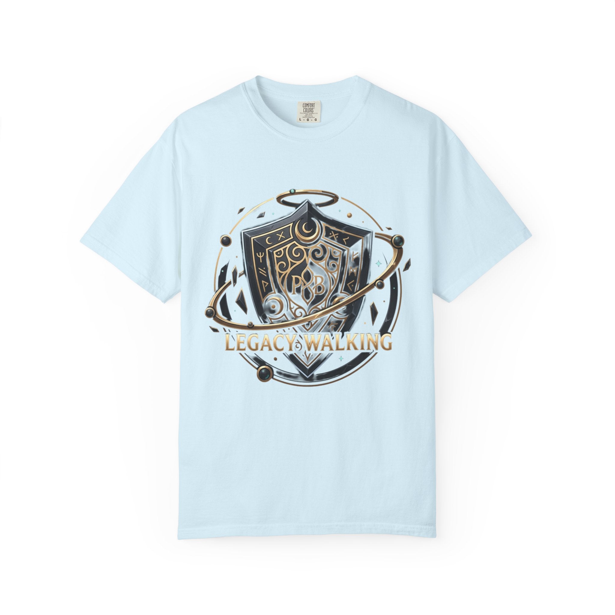 Legacy Walking Shield Graphic T-Shirt | Fantasy Crest Emblem Tee by Printify