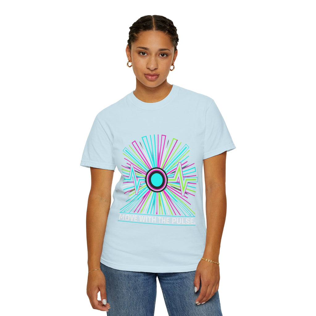 Power Runs Black PRB Electric "Move With Pulse" Graphic T-Shirt — Neon Sunburst Design by Power Runs Black