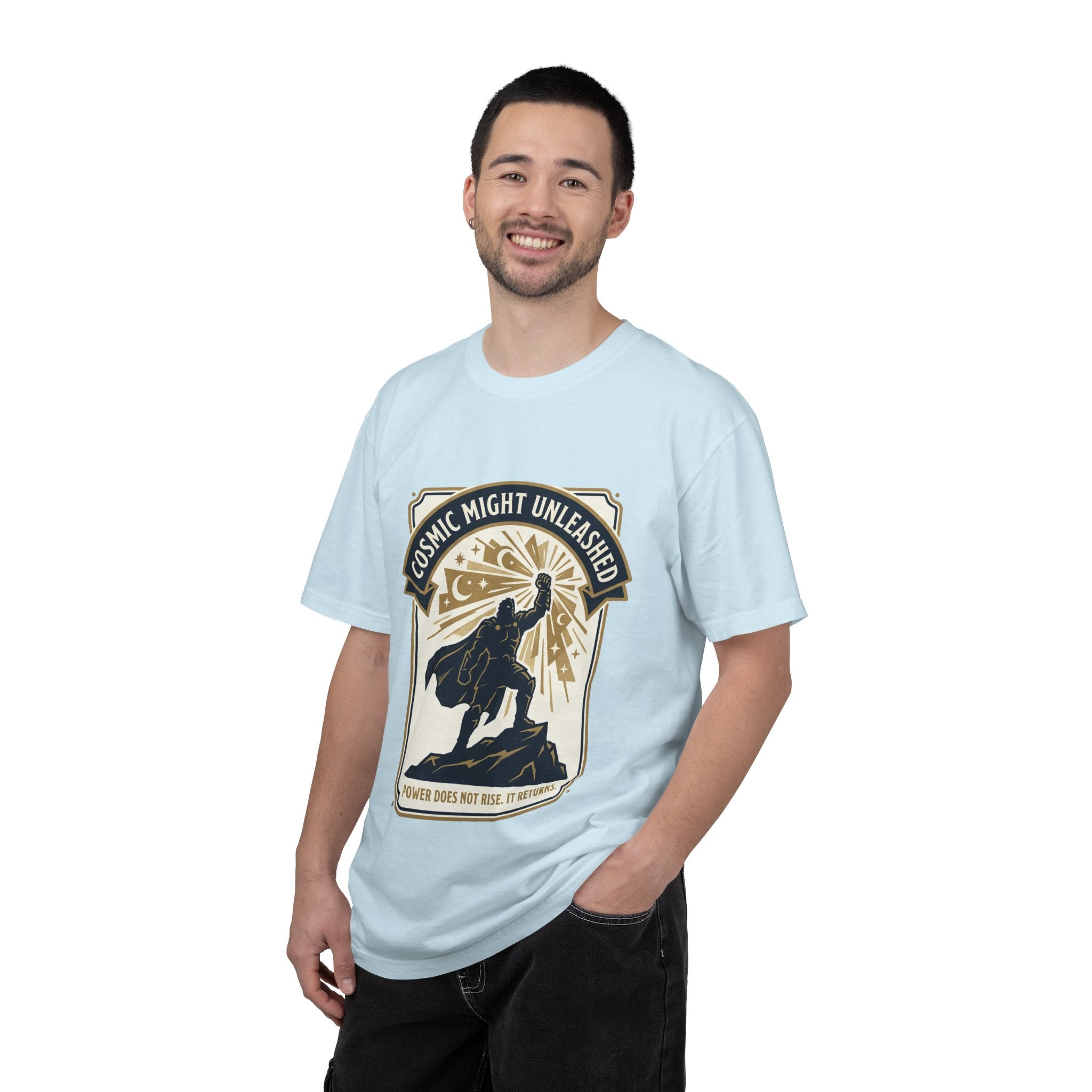 PRB Starforged Flex Cosmic Might Unleashed T-Shirt — Retro Superhero Space Graphic ('Power Does Not Rise, It Returns') by Power Runs Black