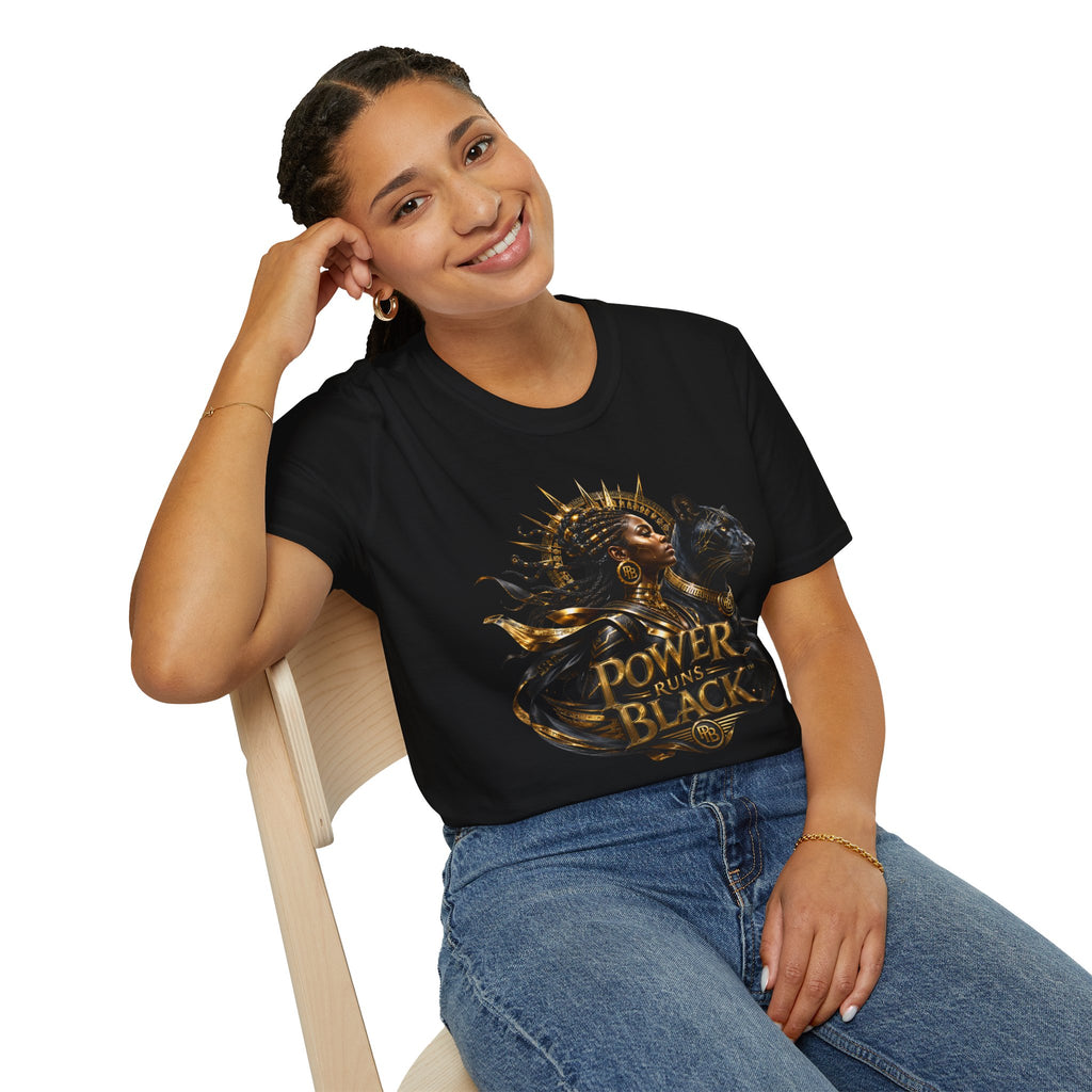 Power Runs Black PRB | Black Woman Portrait, Gold Accents Panther Graphics T by Printify