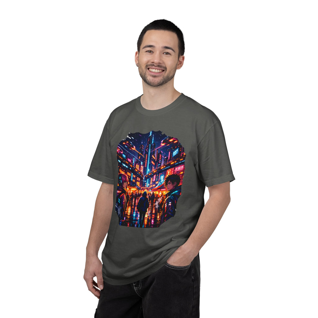 PRB Neon Cyberpunk Cityscape T-shirt | Anime Night Rain Streets by Power Runs Black