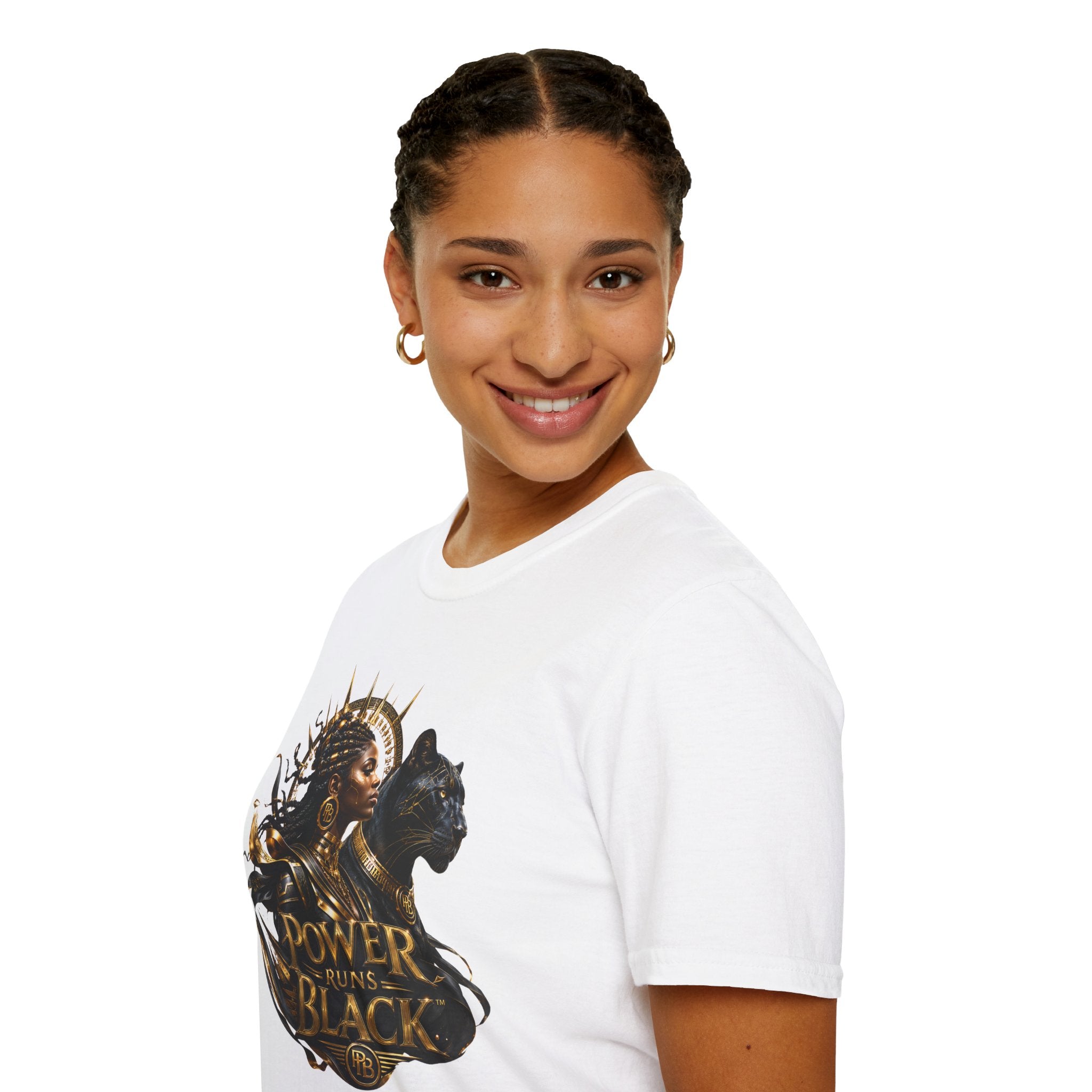 Power Runs Black PRB | Black Woman Portrait, Gold Accents Panther Graphics T by Printify