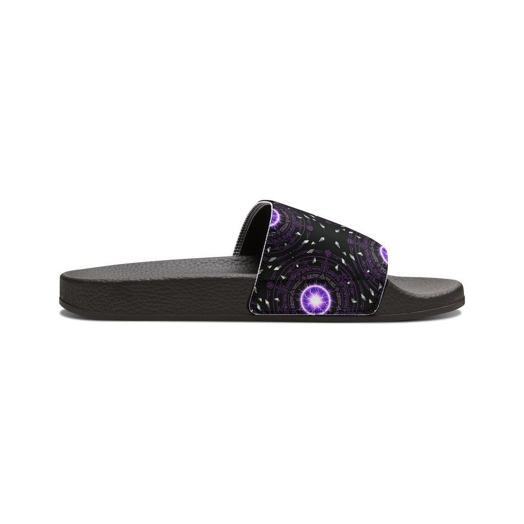 Power Runs Black Men's Removable-Strap Slide Sandals — Purple Cosmic Mandala Pattern by Power Runs Black