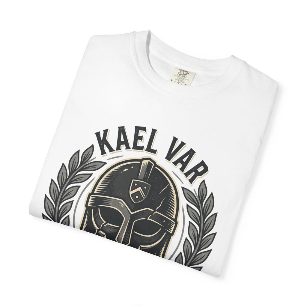 Power Runs Black PRB Kael Var Helmet Graphic T-Shirt — "Protection Hardens Form" Warrior Tee by Printify
