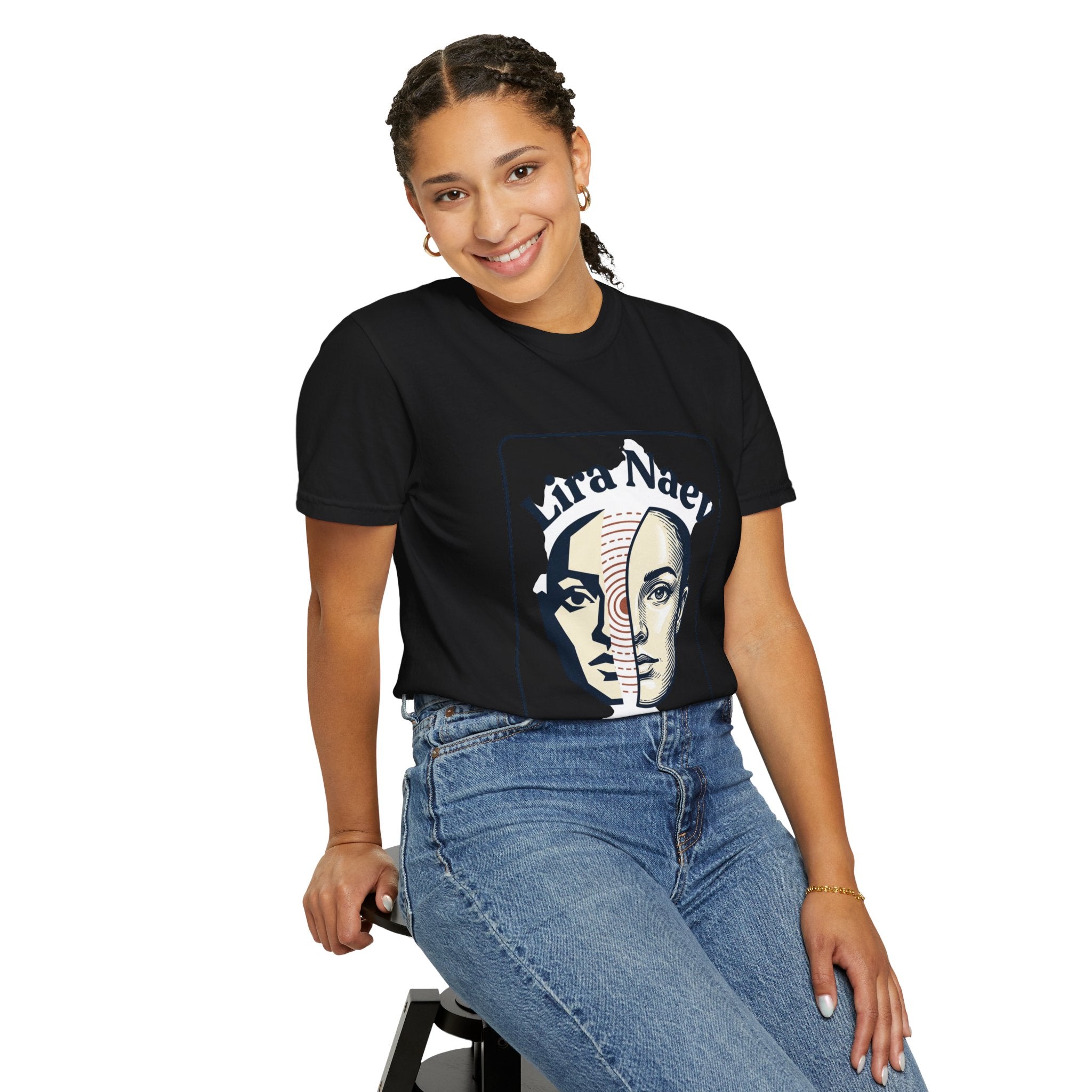 Power Runs Black PRB Lira Naev Split-Face Graphic T-Shirt — “Perception shifts the center” Statement Tee by Printify