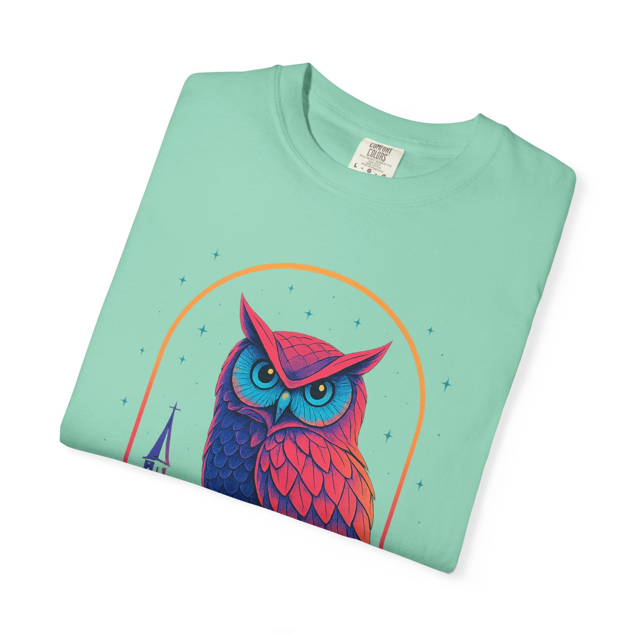 Power Runs Black PRB Neon Owl Illustration T-Shirt | Night Church Graphic Tee by Power Runs Black