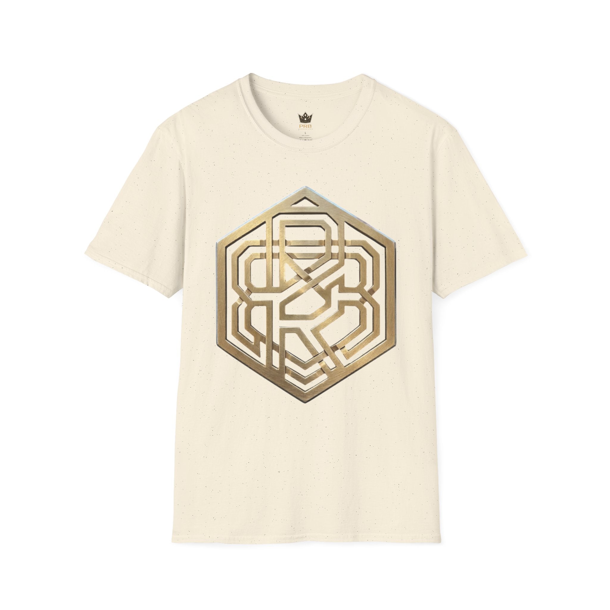 Power Runs Black PRB Geometric Gold Hexagon T-Shirt — Modern Maze Logo Tee by Printify