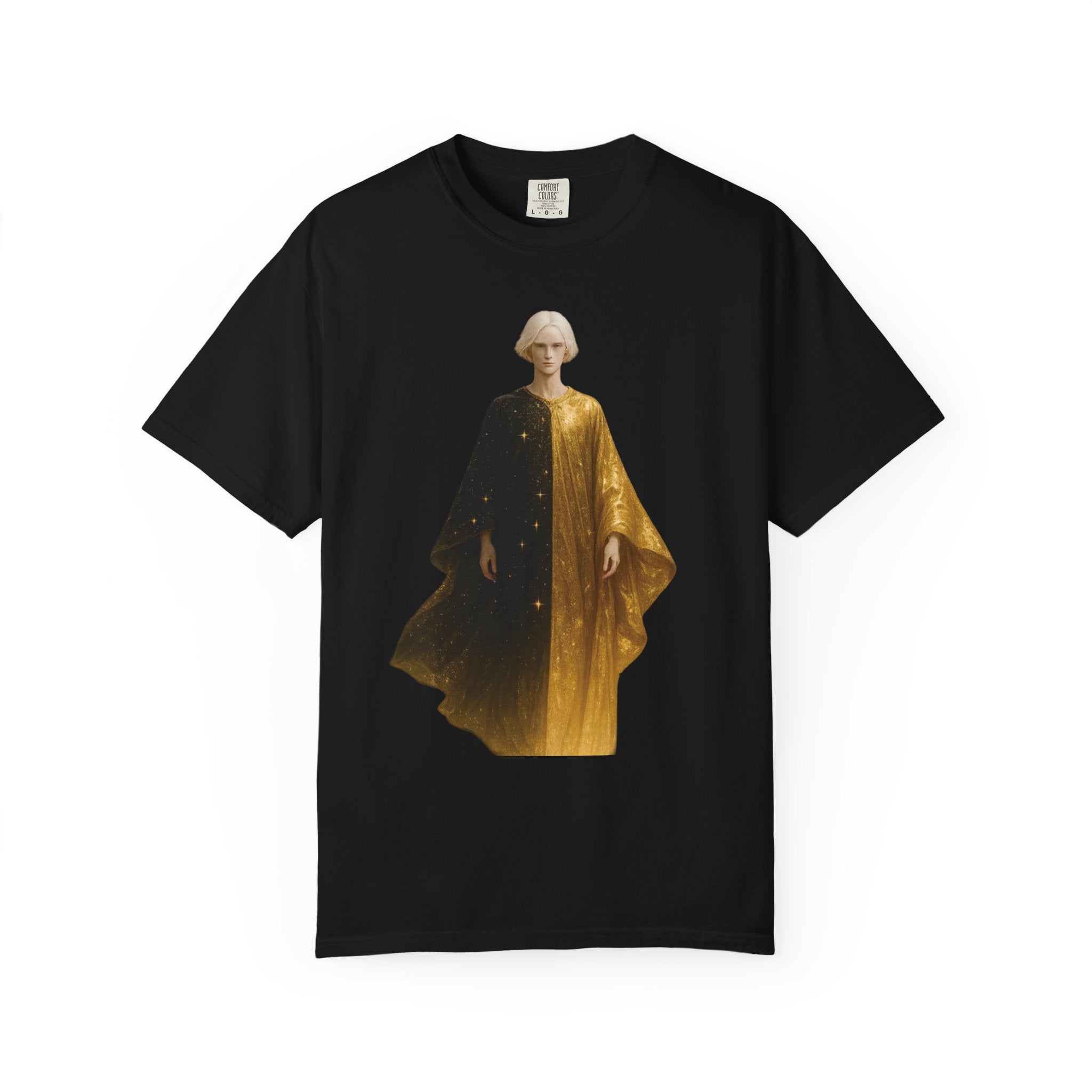 Power Runs Black PRB Twelfth Golden Cloak Figure T-Shirt | Surreal Angelic Portrait by Power Runs Black