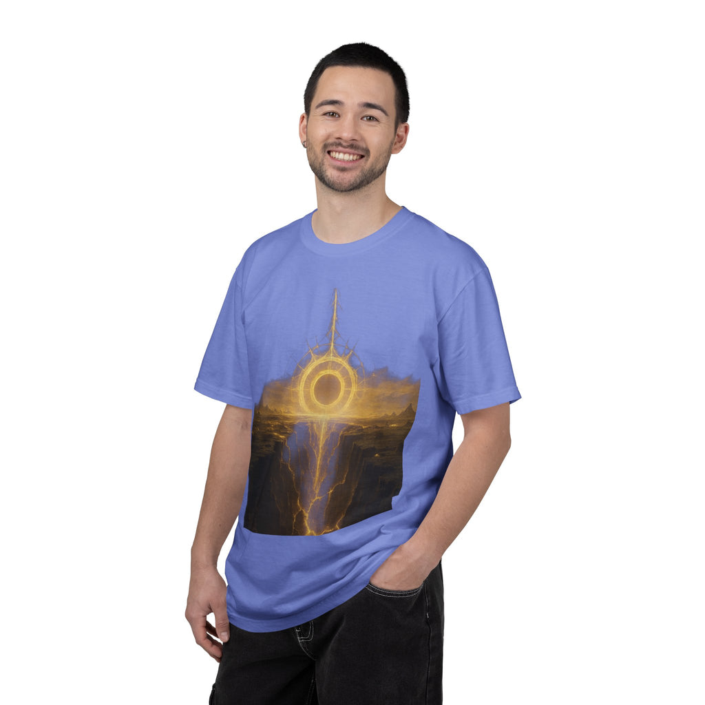 Power Runs Black PRB Golden Eclipse Portal T-shirt | Fantasy Landscape, Mystic Ring, Tower Art by Power Runs Black