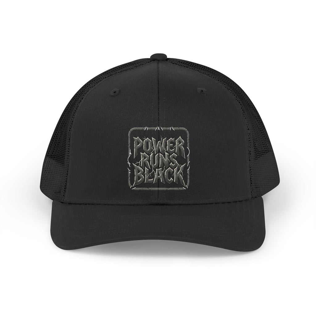 Power Runs Black Retro Flame Patch Trucker Hat | Snapback Mesh Cap by Printify