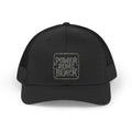 Power Runs Black Retro Flame Patch Trucker Hat | Snapback Mesh Cap by Printify