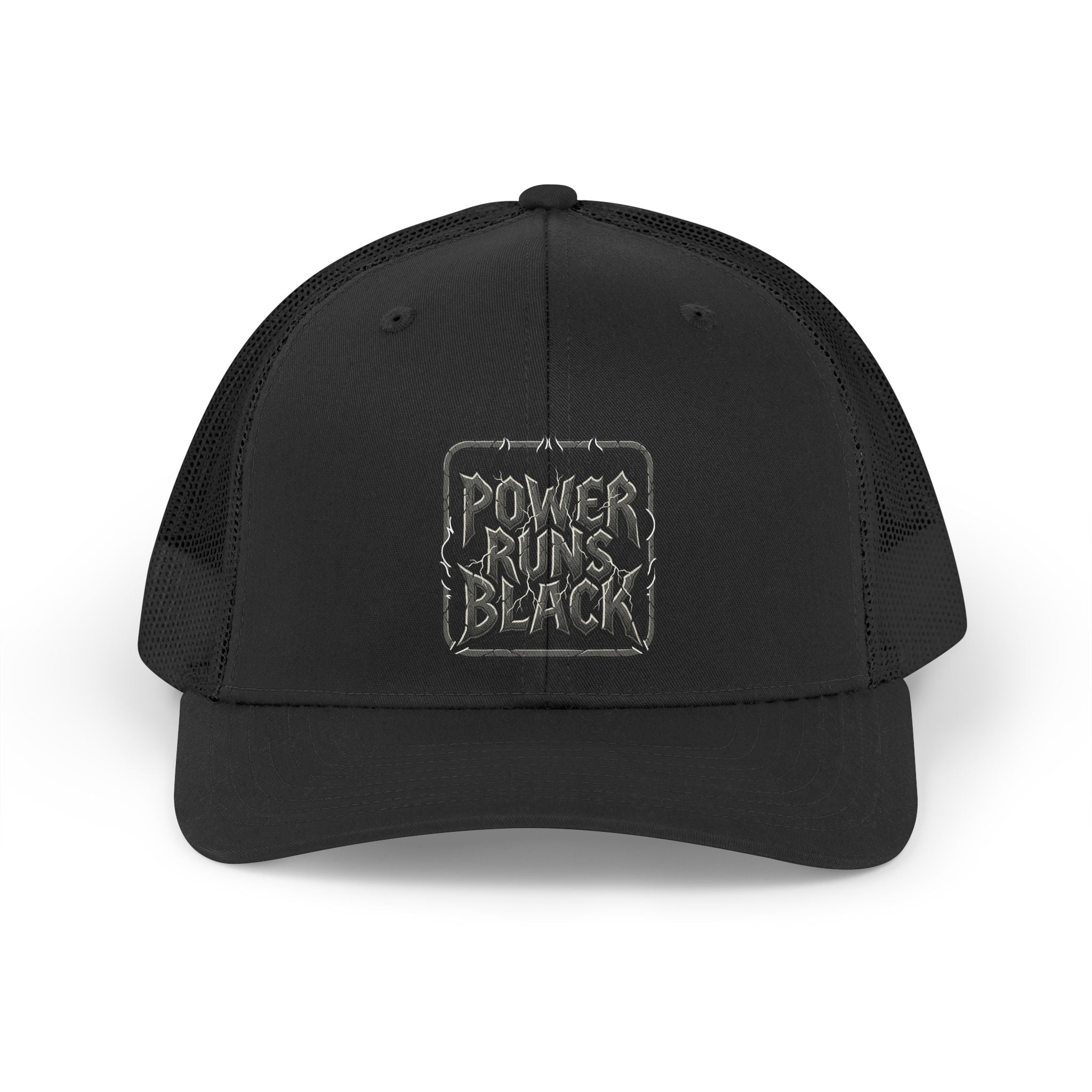 Power Runs Black Retro Flame Patch Trucker Hat | Snapback Mesh Cap by Printify
