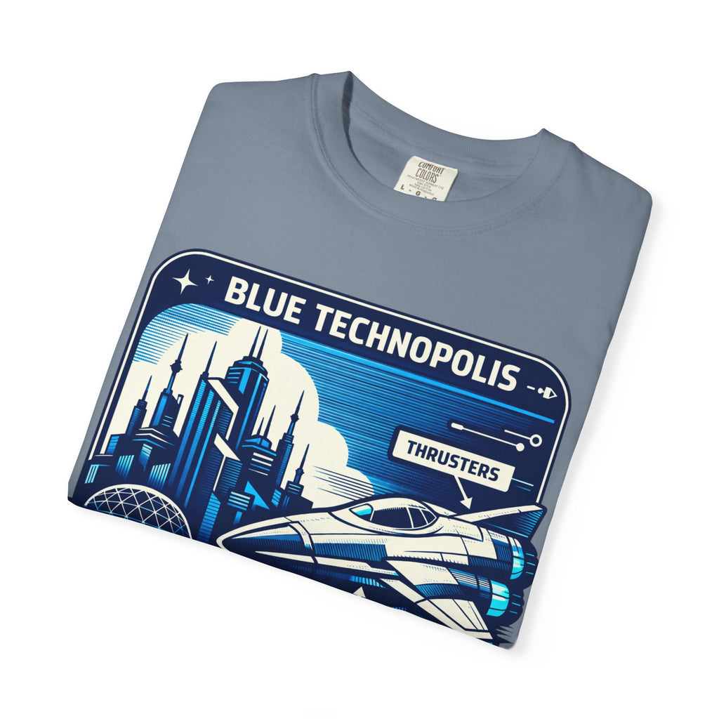 Power Runs Black PRB Technopolis Spacecraft T-Shirt — Blue Technopolis Retro Sci‑Fi Tee by Printify