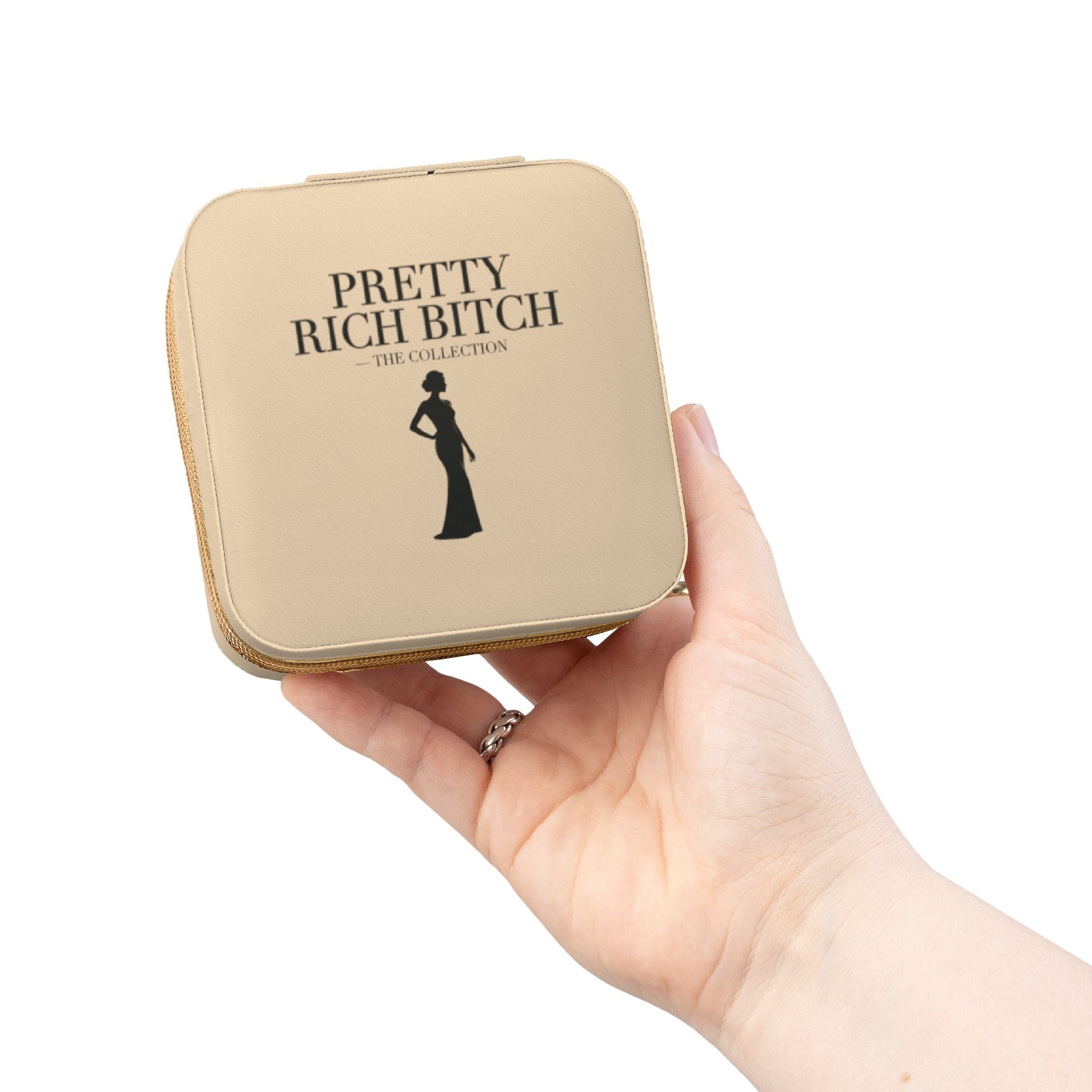 Power Runs Black Pretty Rich Bitch The Collection Jewelry Travel Case – Compact Pink Organizer for Rings, Earrings & Necklaces by Printify