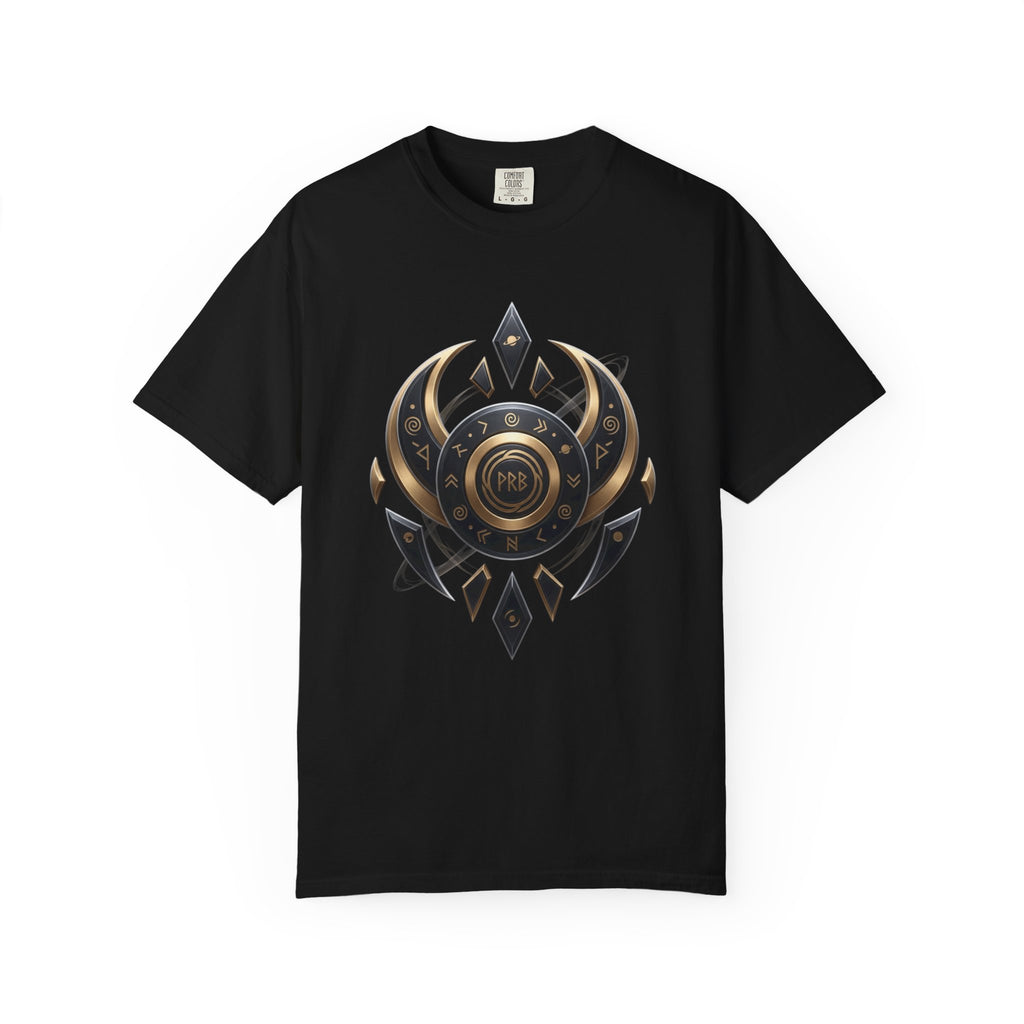 Power Runs Black Mystic Compass Disc T-Shirt — Geometric Gold & Black Emblem Tee by Printify