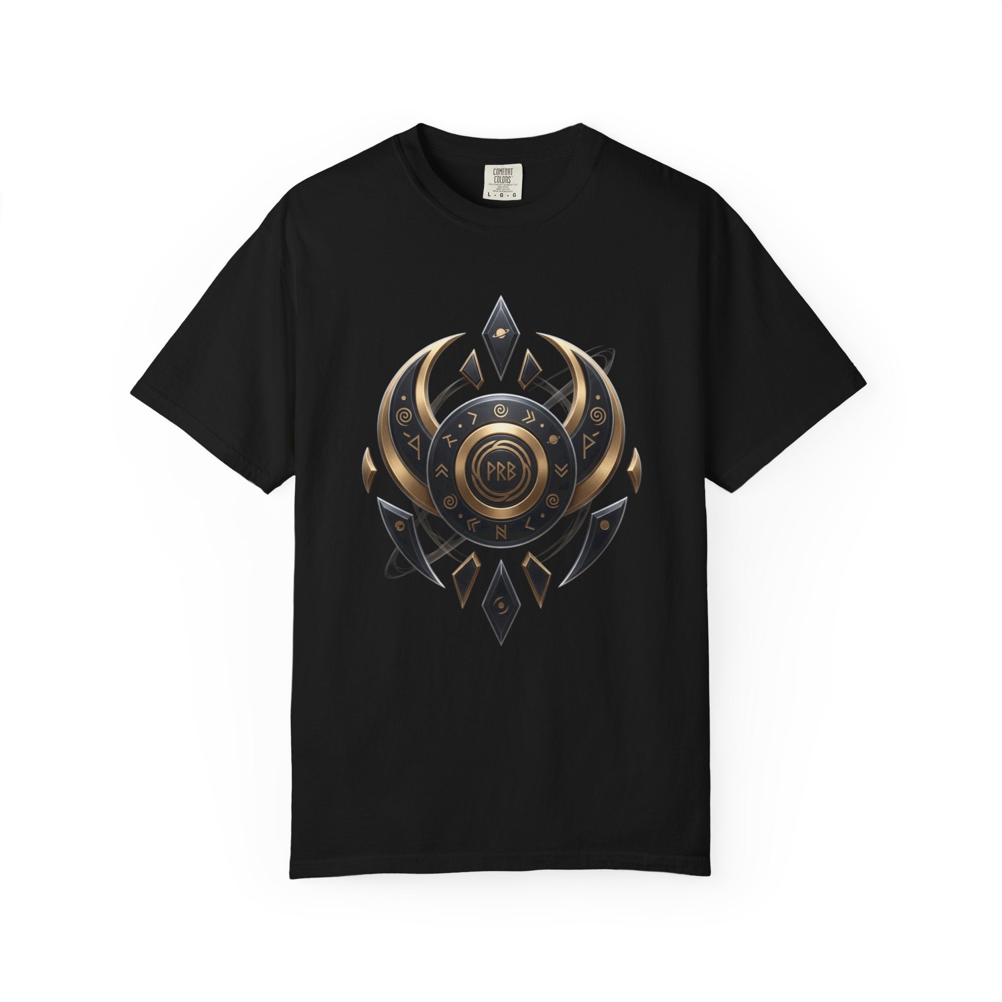Power Runs Black Mystic Compass Disc T-Shirt — Geometric Gold & Black Emblem Tee by Printify