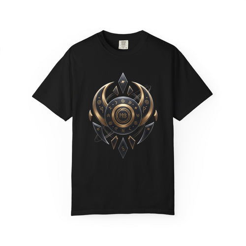 Power Runs Black Mystic Compass Disc T-Shirt — Geometric Gold & Black Emblem Tee by Printify