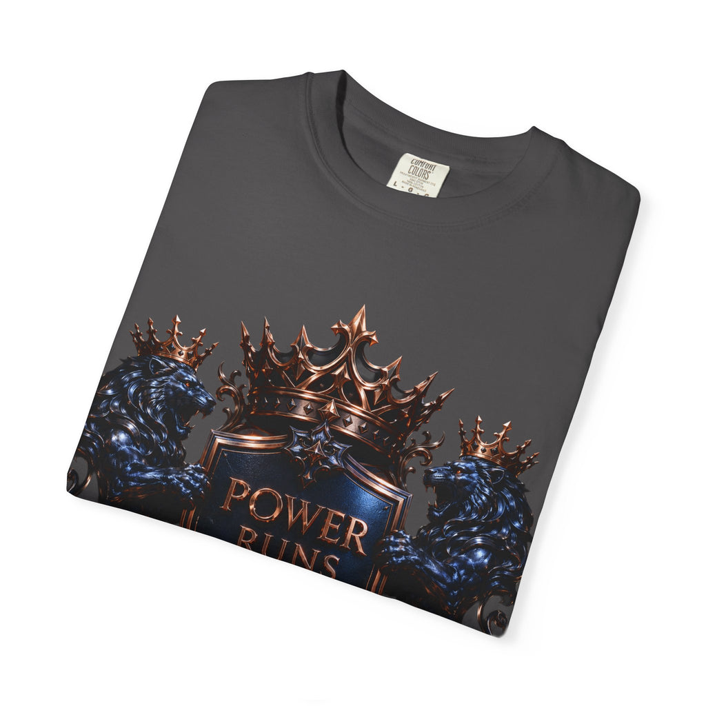 Power Runs Black Crest T-shirt | Heraldic Lion Shield Tee by Power Runs Black