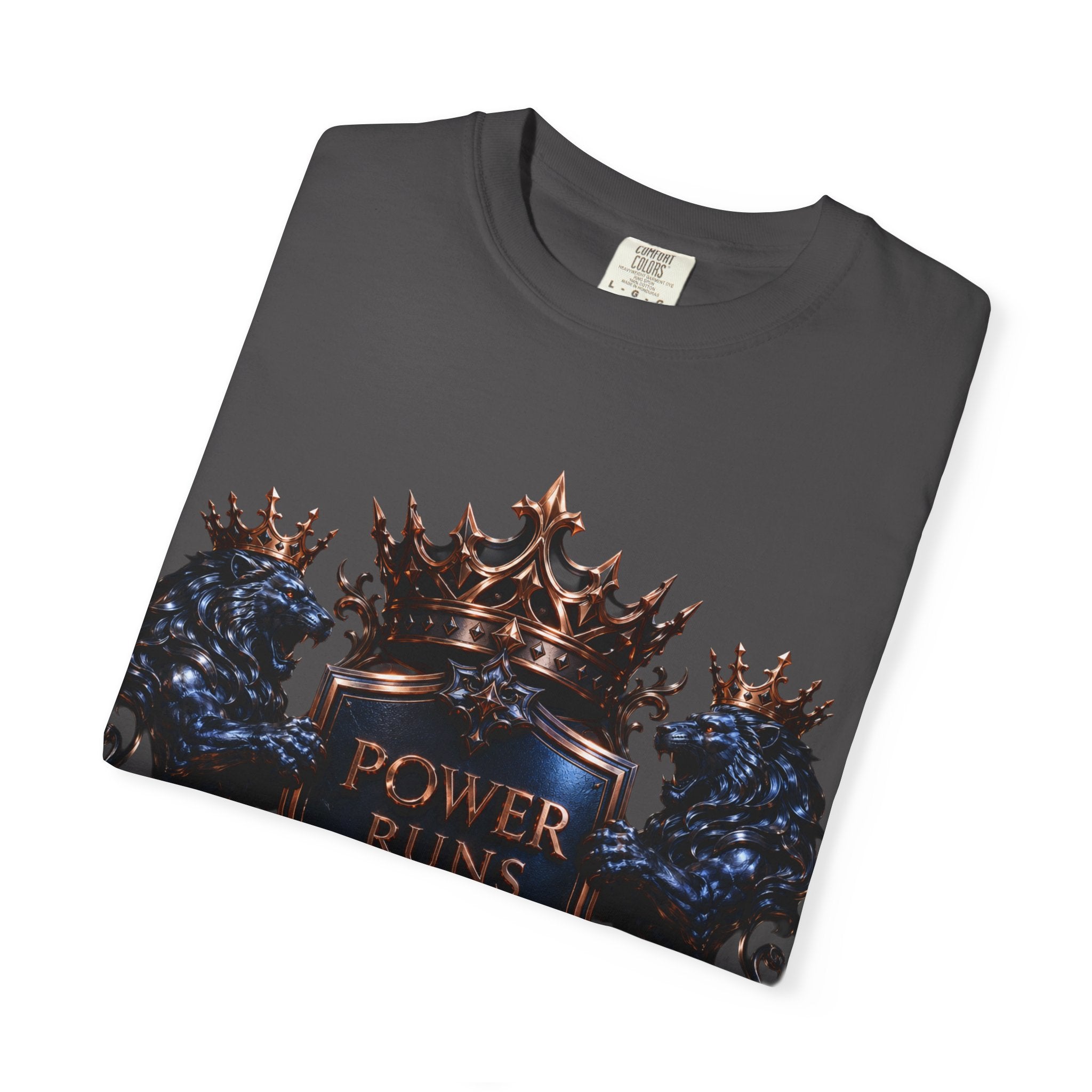 Power Runs Black Crest T-shirt | Heraldic Lion Shield Tee by Power Runs Black