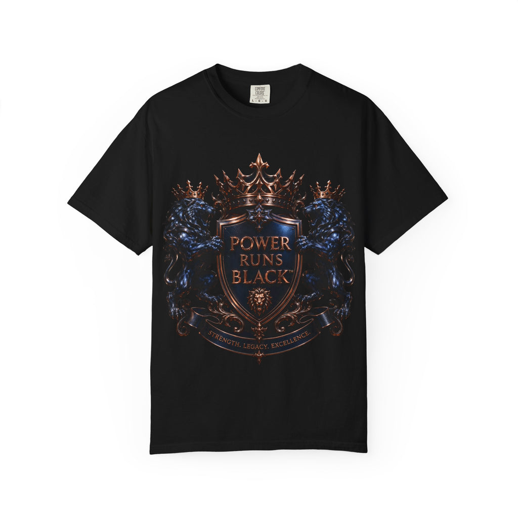 Power Runs Black Crest T-shirt | Heraldic Lion Shield Tee by Power Runs Black