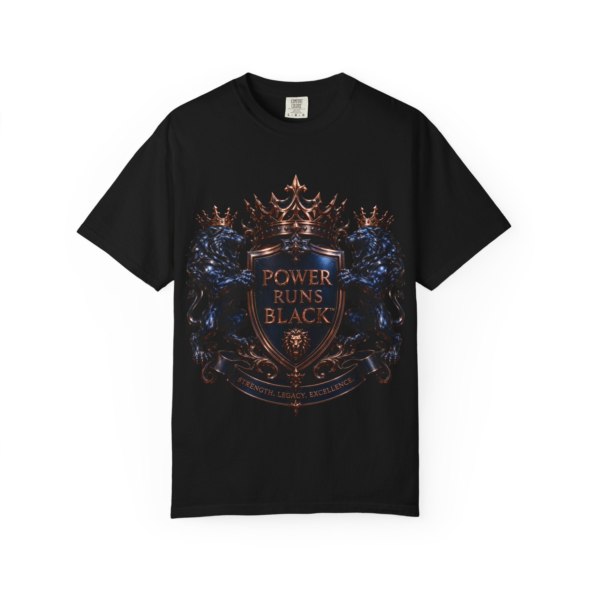Power Runs Black Crest T-shirt | Heraldic Lion Shield Tee by Power Runs Black