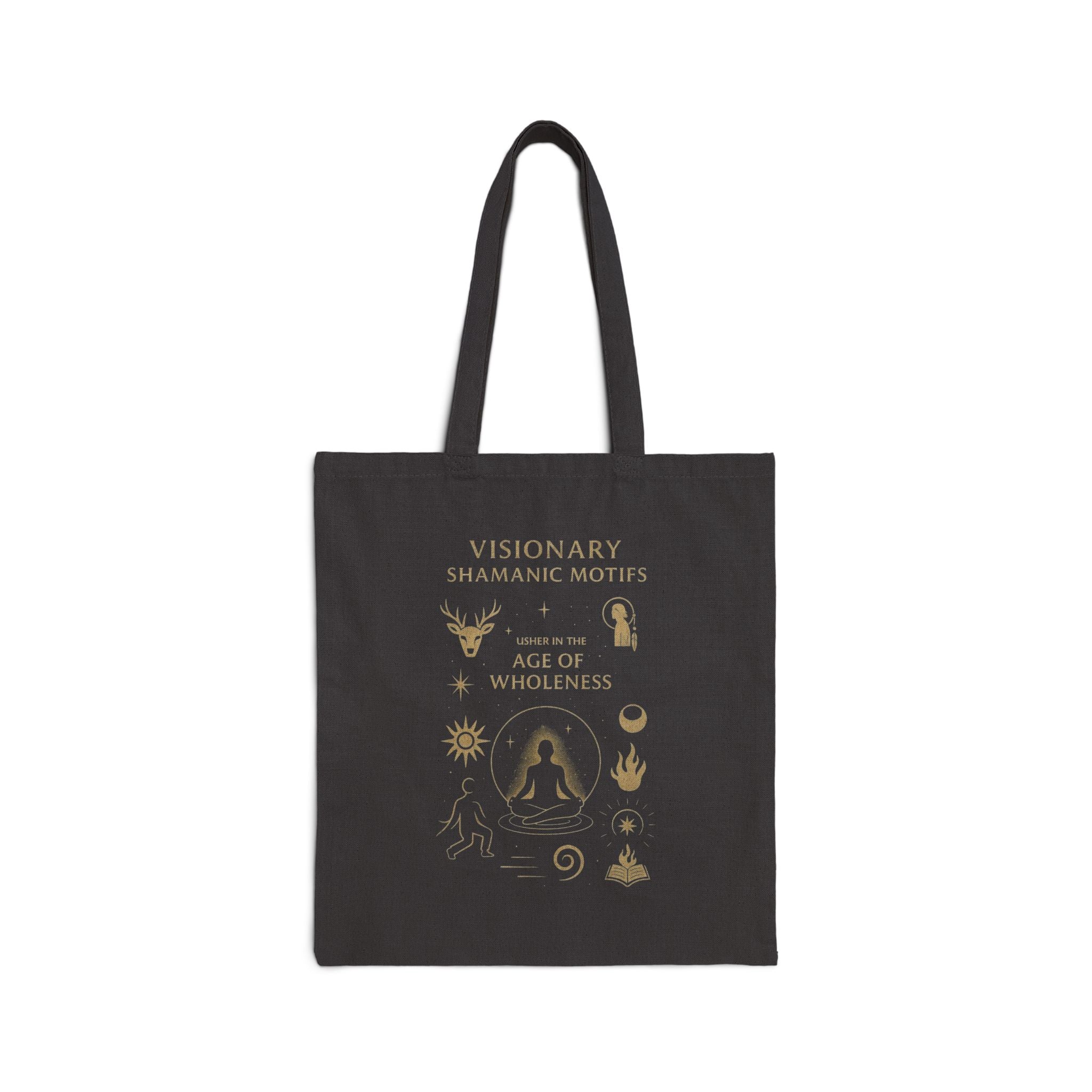 Visionary Shamanic Motifs Canvas Tote Bag — Spiritual Symbols Market Tote by Power Runs Black