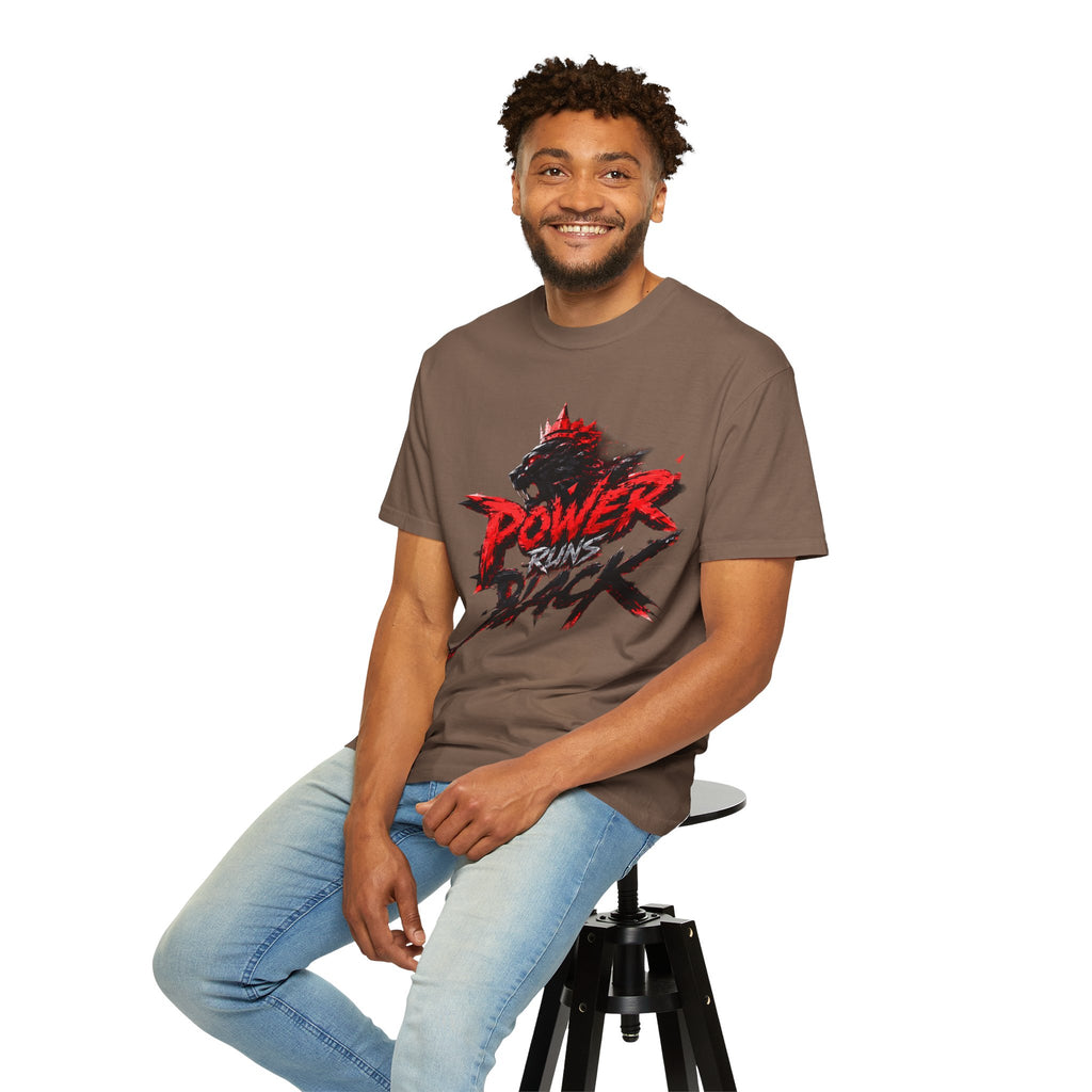 Power Runs Black T-shirt | Wolf Silhouette, Red Black Graphic Tee by Power Runs Black