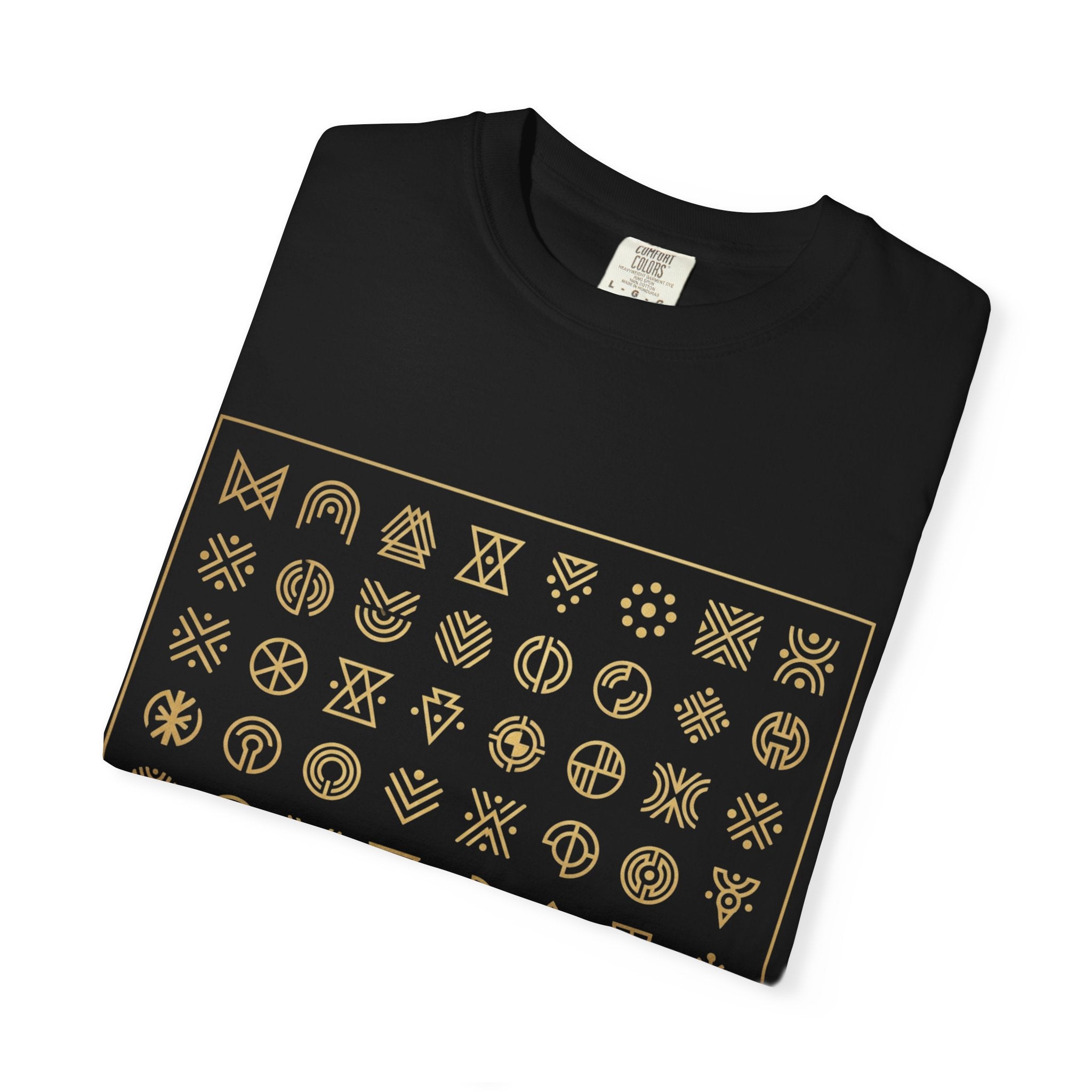 Power Runs Black PRB Symbol Grid T-Shirt — Minimal Gold Icon Graphic Tee by Printify