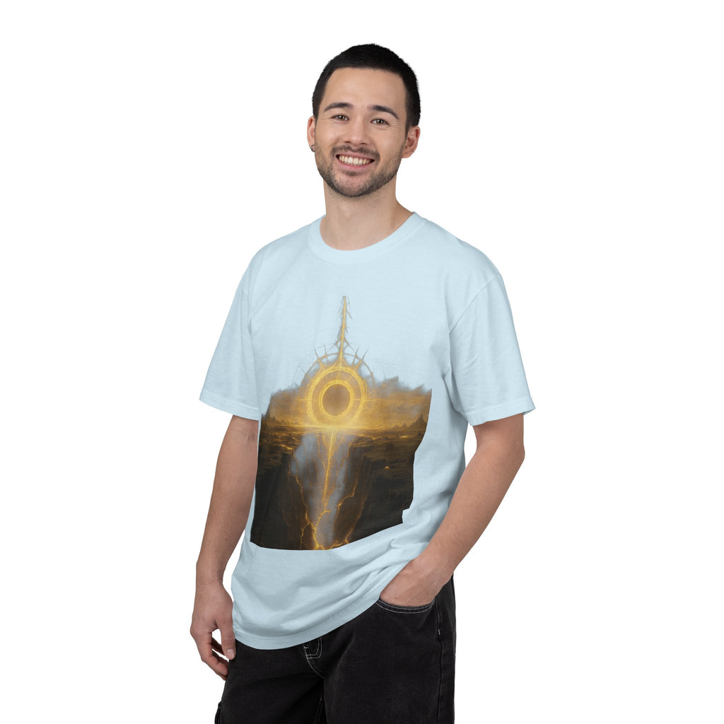 Power Runs Black PRB Golden Eclipse Portal T-shirt | Fantasy Landscape, Mystic Ring, Tower Art by Power Runs Black