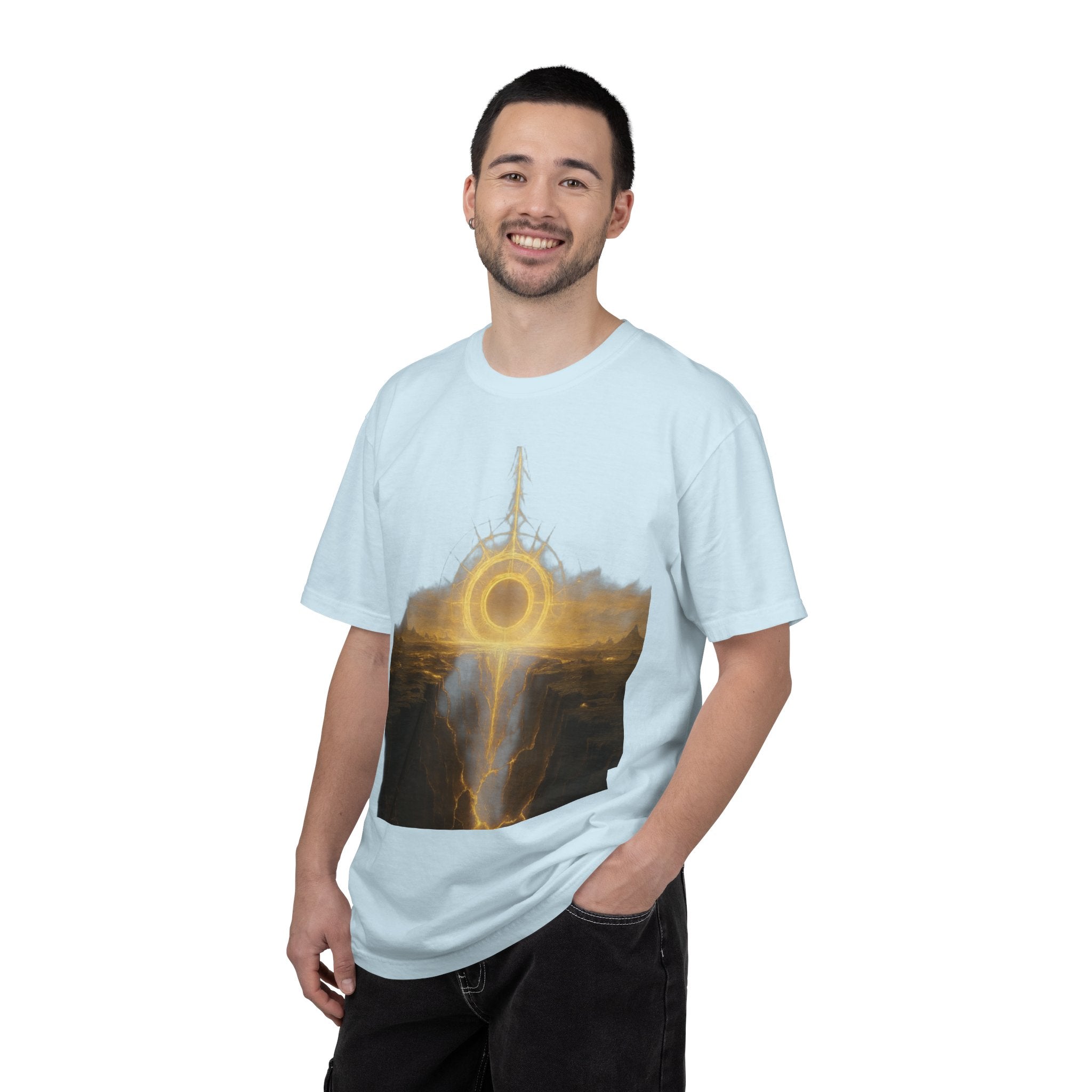 Power Runs Black PRB Golden Eclipse Portal T-shirt | Fantasy Landscape, Mystic Ring, Tower Art by Power Runs Black