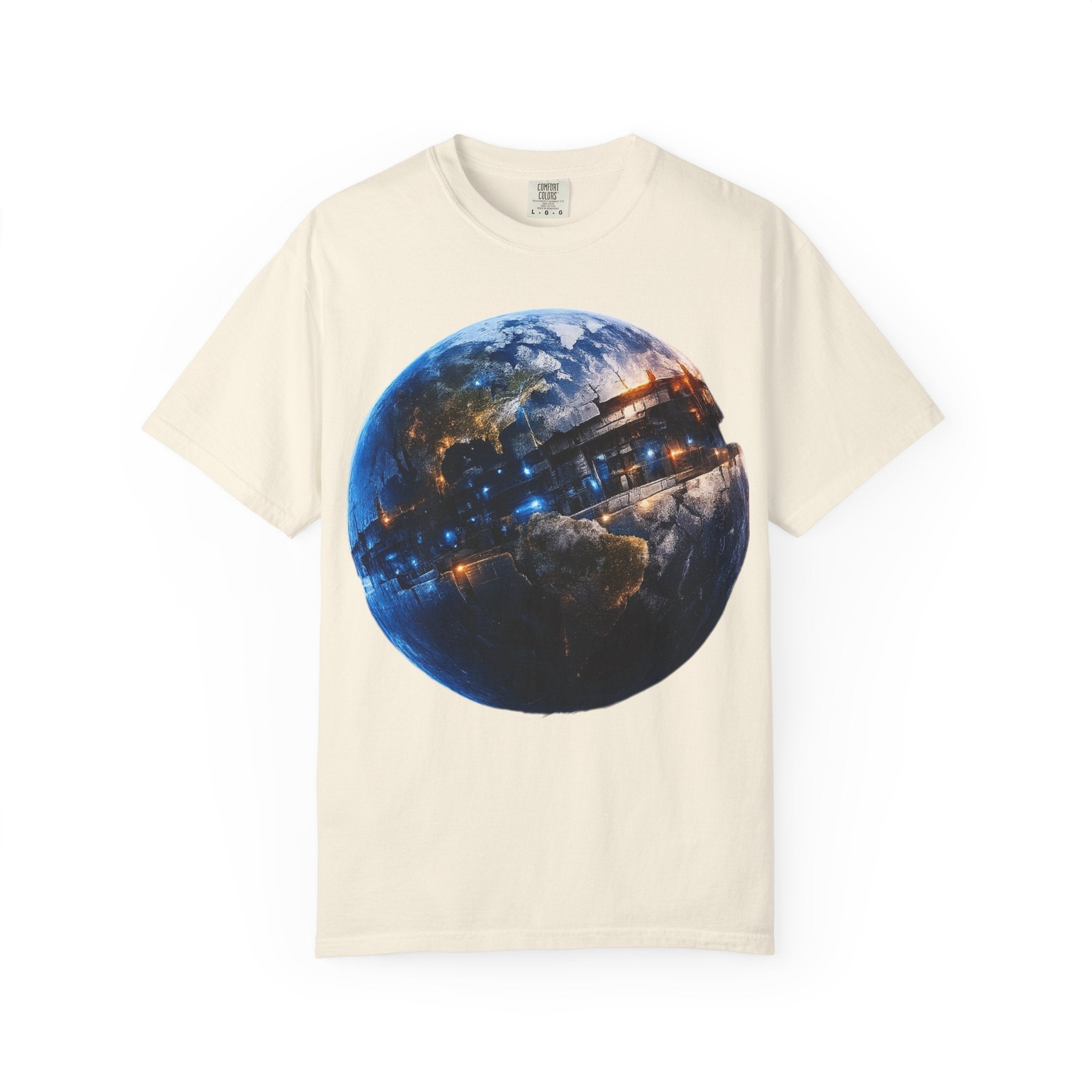 PRB Cityscape Globe T-shirt | Nighttime Earth Illustration, Urban Lights by Power Runs Black