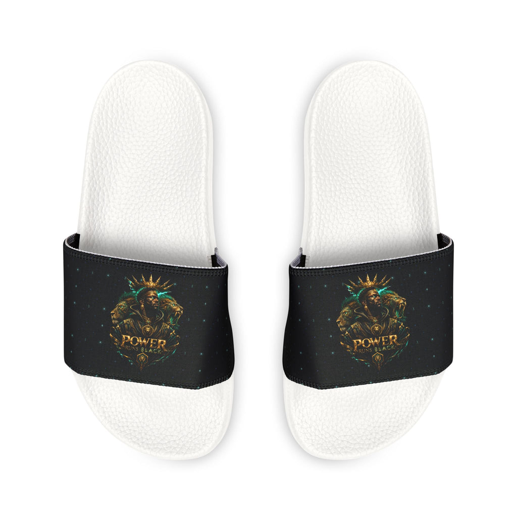 Power Runs Black Slide Sandals - Black Mythical Crest Logo Slides for Men by Power Runs Black