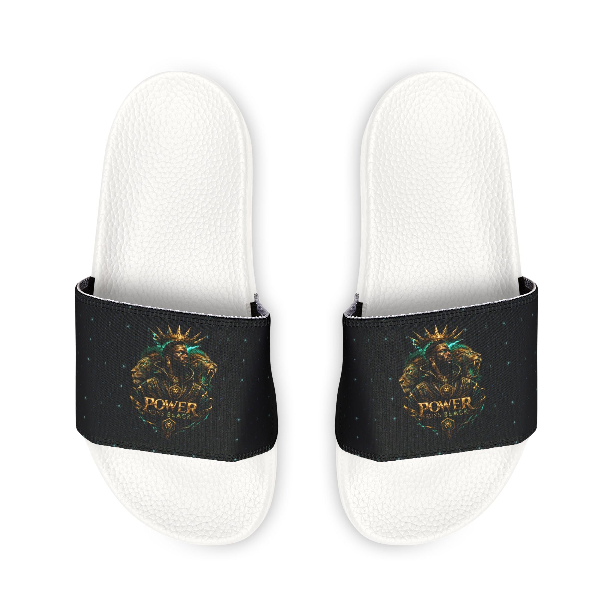Power Runs Black Slide Sandals - Black Mythical Crest Logo Slides for Men by Power Runs Black