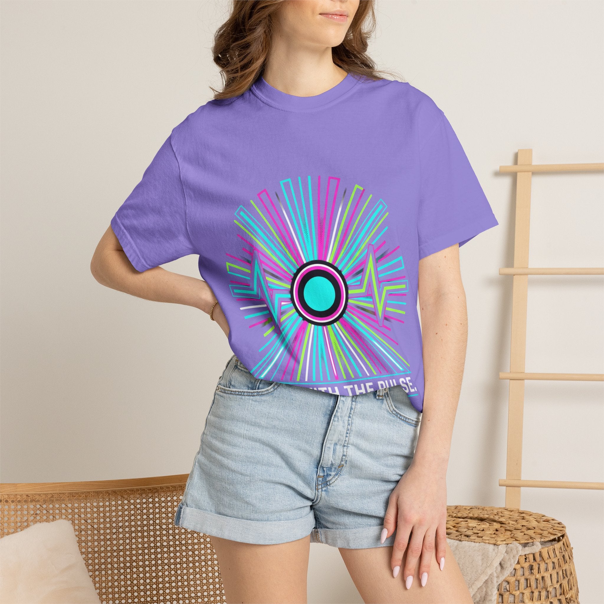 Power Runs Black PRB Electric "Move With Pulse" Graphic T-Shirt — Neon Sunburst Design by Printify