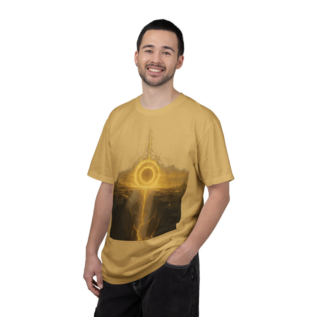 Power Runs Black PRB Golden Eclipse Portal T-shirt | Fantasy Landscape, Mystic Ring, Tower Art by Power Runs Black