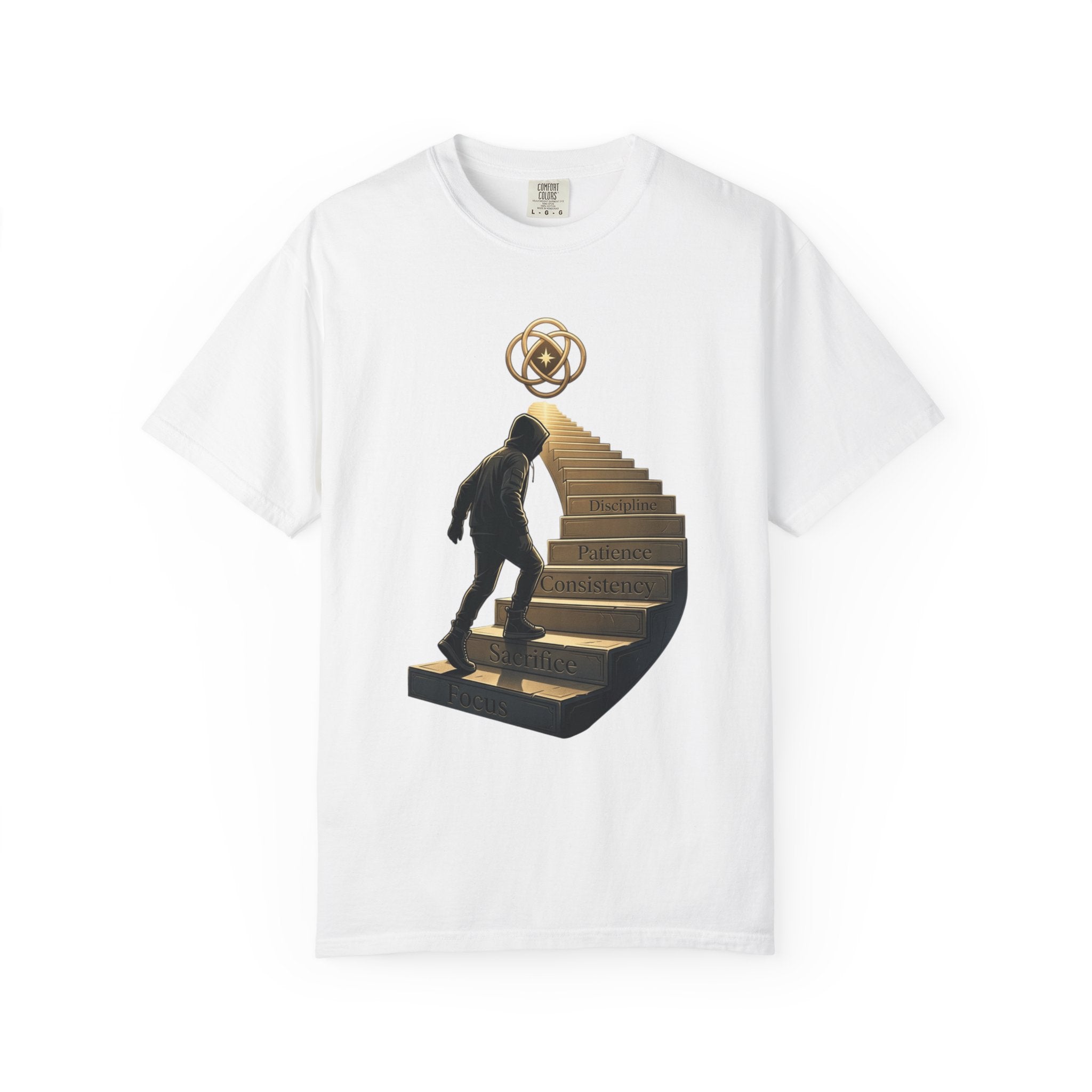 Printify PRB Stairway of Growth T-Shirt | Person Ascending Steps with Symbols - T-Shirt