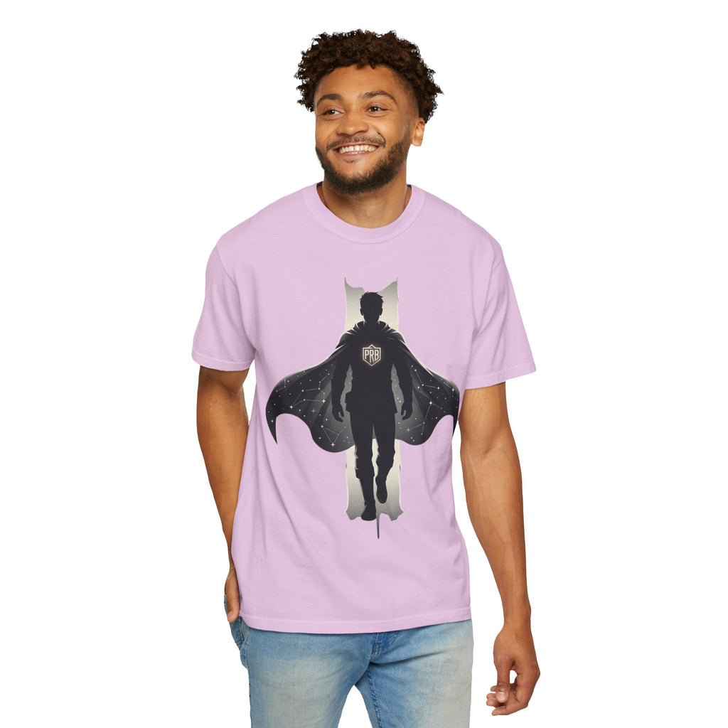 Power Runs Black Silhouette PRB Superhero with Cape T-shirt | Night Sky Emblem, Graphic Tee by Printify