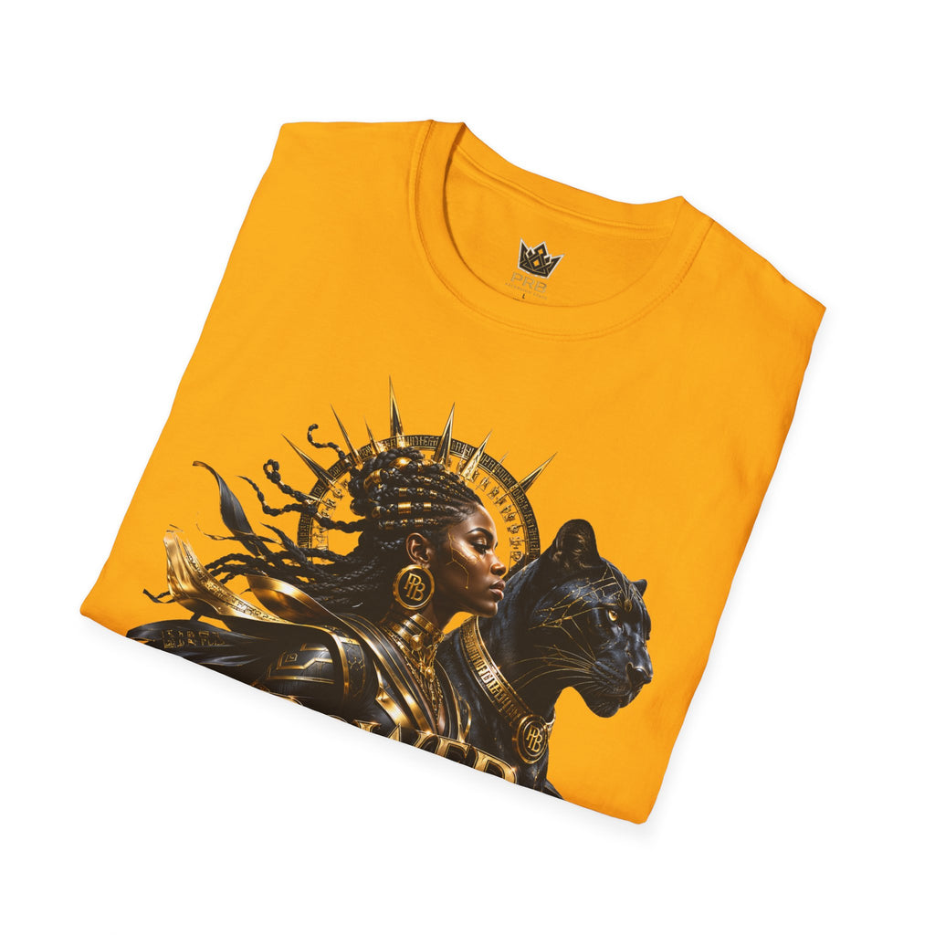 Power Runs Black PRB | Black Woman Portrait, Gold Accents Panther Graphics T by Power Runs Black