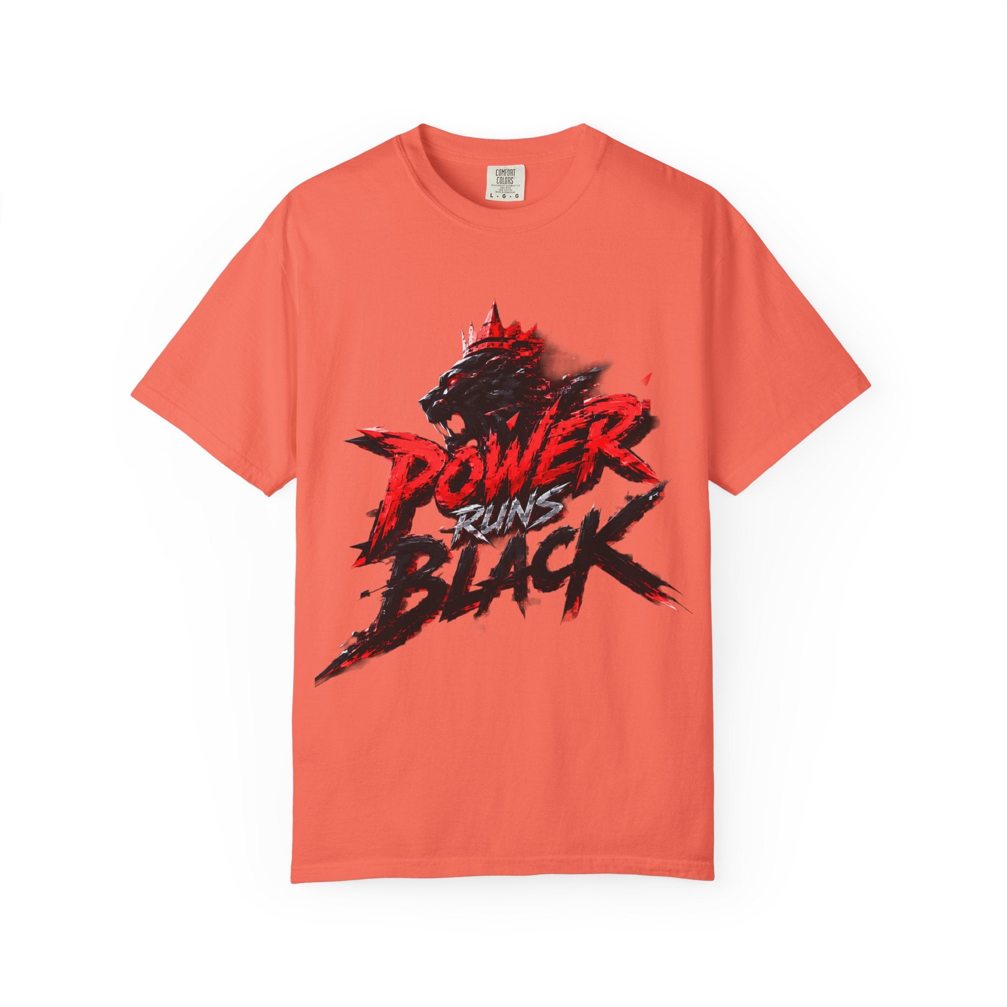 Power Runs Black T-shirt | Wolf Silhouette, Red Black Graphic Tee by Power Runs Black