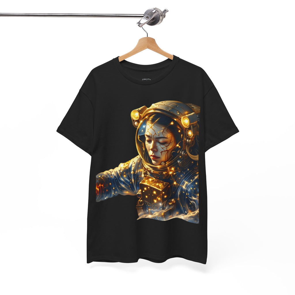 Power Runs Black PRB Golden Astronaut Portrait T-Shirt | Space Helmet Art, Cosmic Lights by Printify