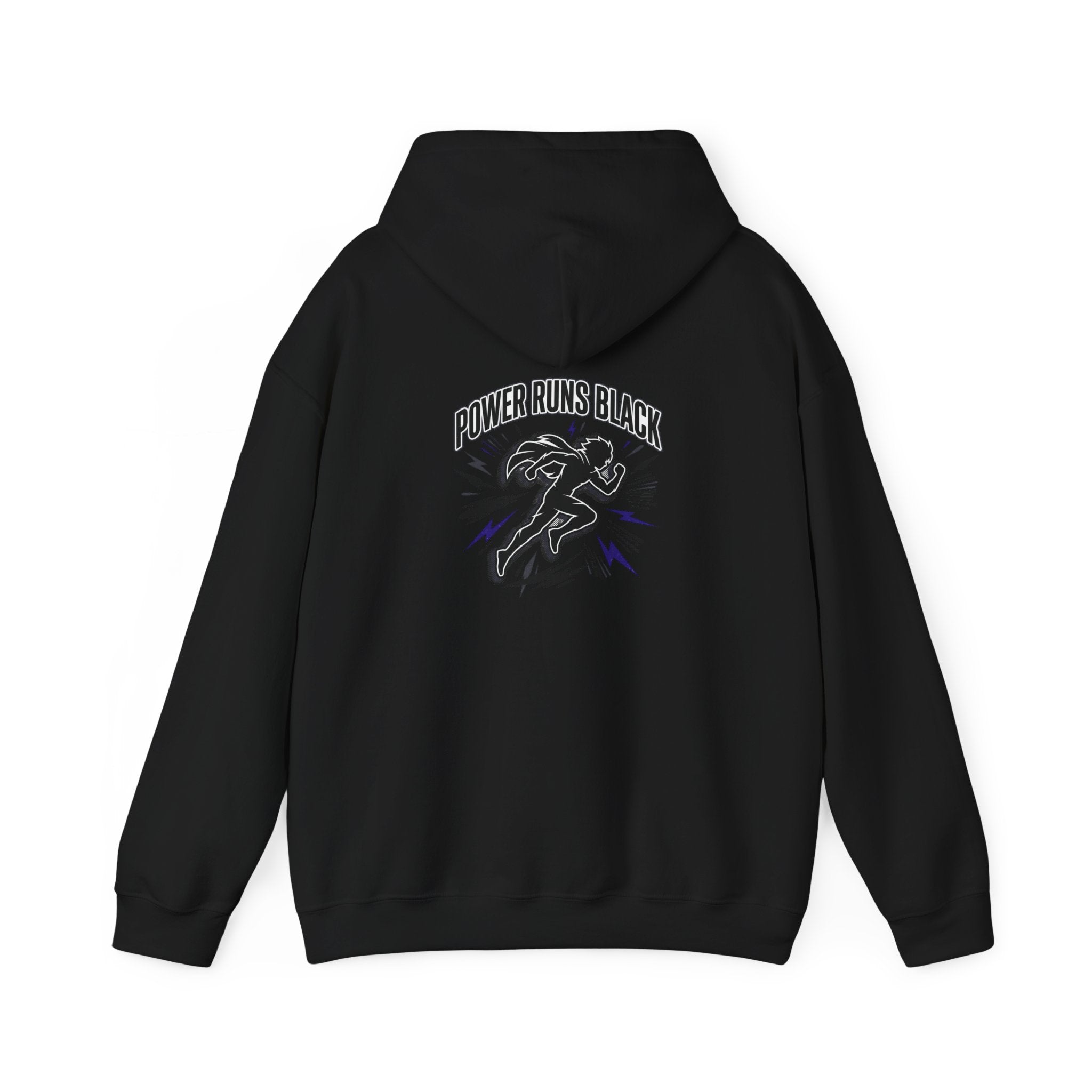 Power Runs Black Hoodie — Bold Graphic Athletic Streetwear by Printify
