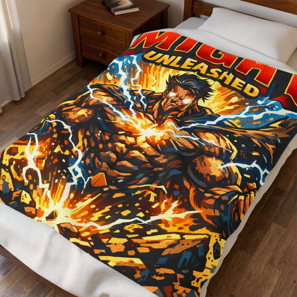 PRB Velveteen Plush Blanket — "MIGHT UNLEASHED" Superhero Power Throw by Printify