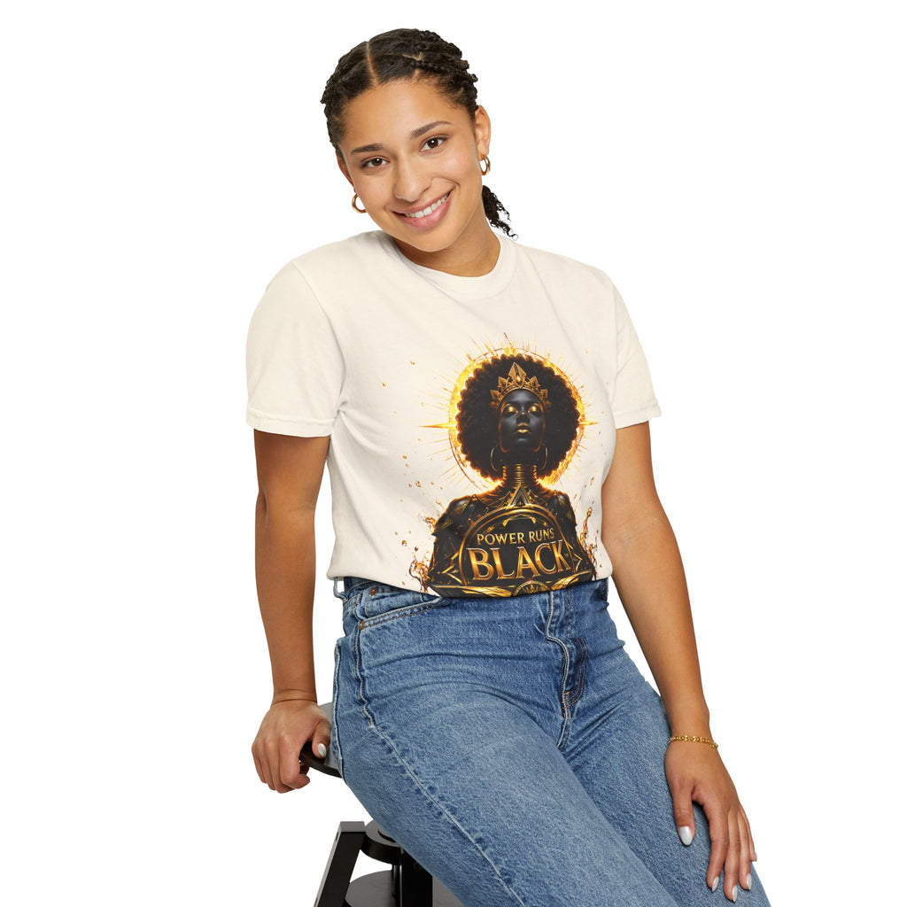 Power Runs Black goddess illustration T-Shirt | Afrocentric black pride design by Power Runs Black